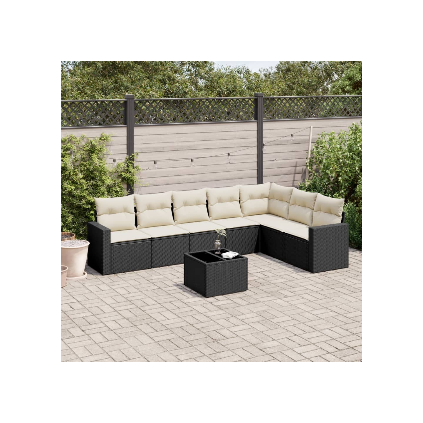 Salon de jardin 8 pcs avec coussins noir résine tressée