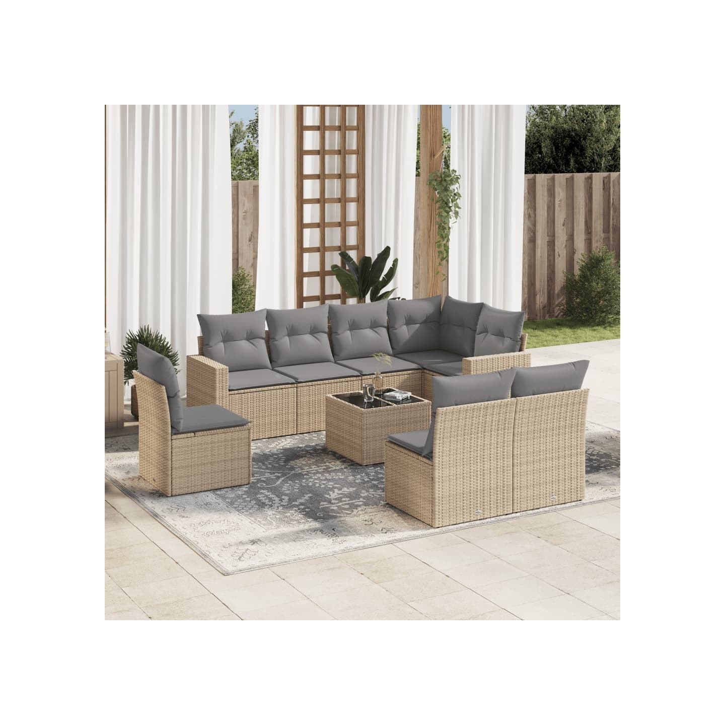 Salon de jardin avec coussins 9 pcs beige résine tressée