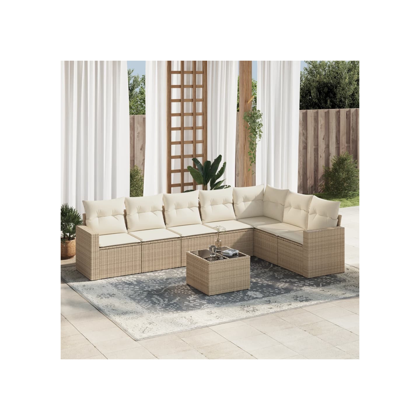 Salon de jardin avec coussins 8 pcs beige résine tressée