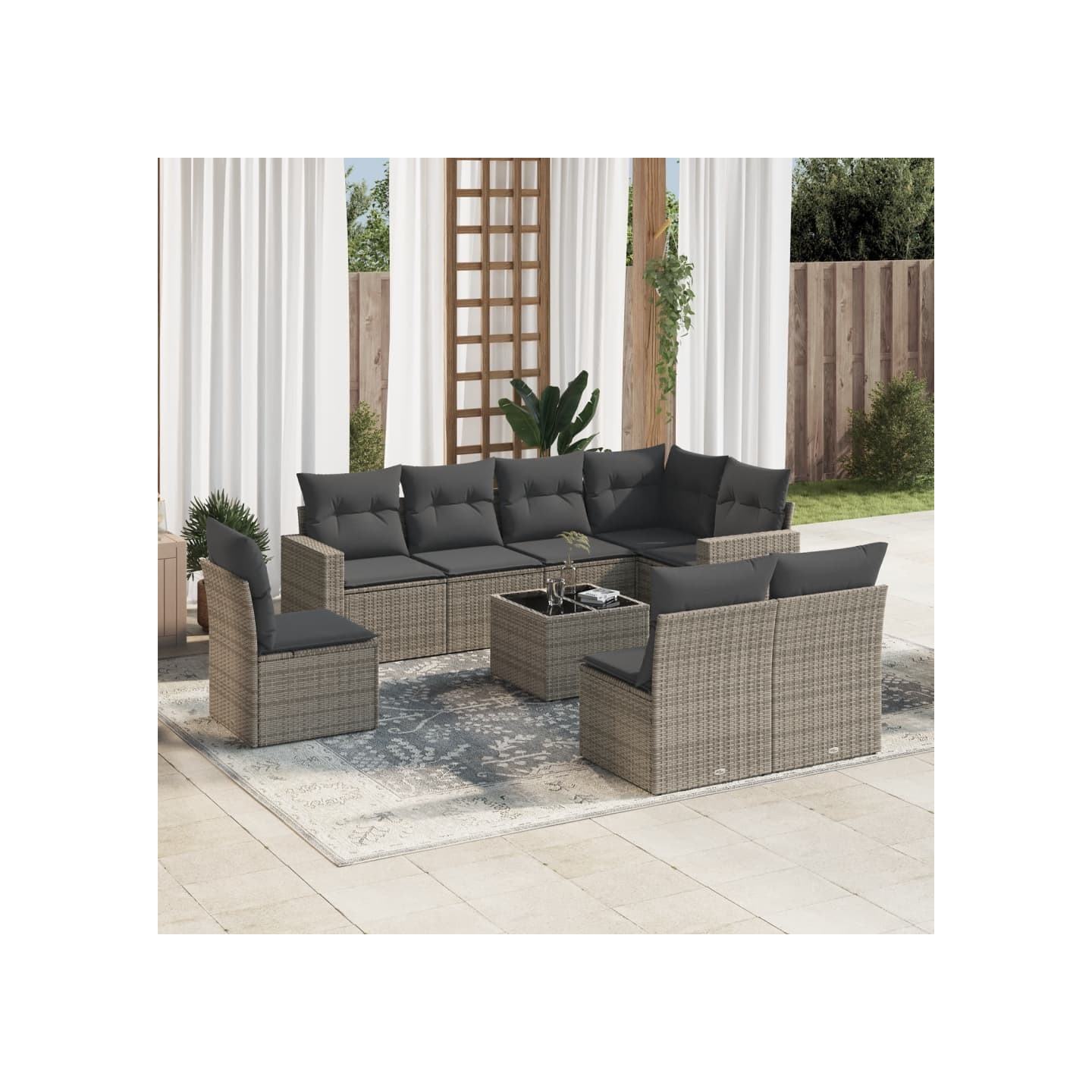 Salon de jardin 9 pcs avec coussins gris résine tressée