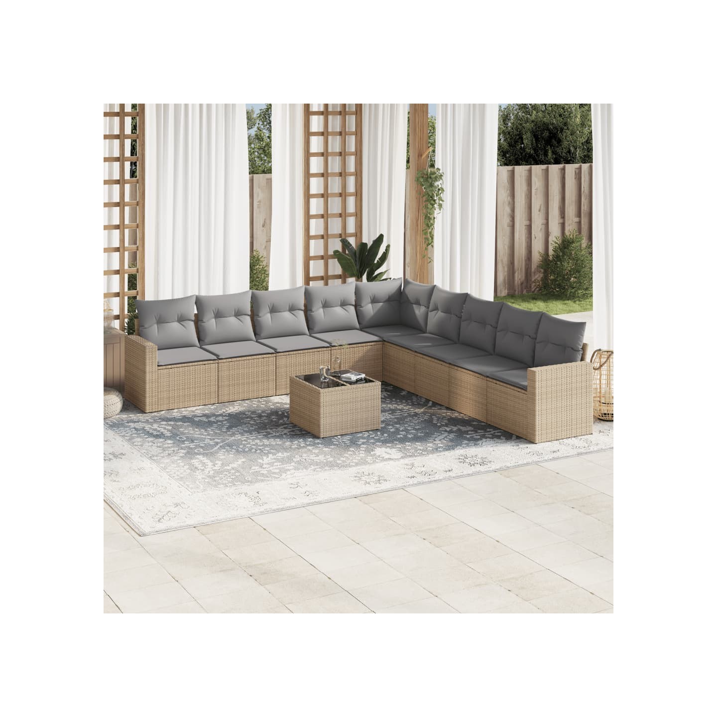 Salon de jardin avec coussins 10 pcs beige résine tressée