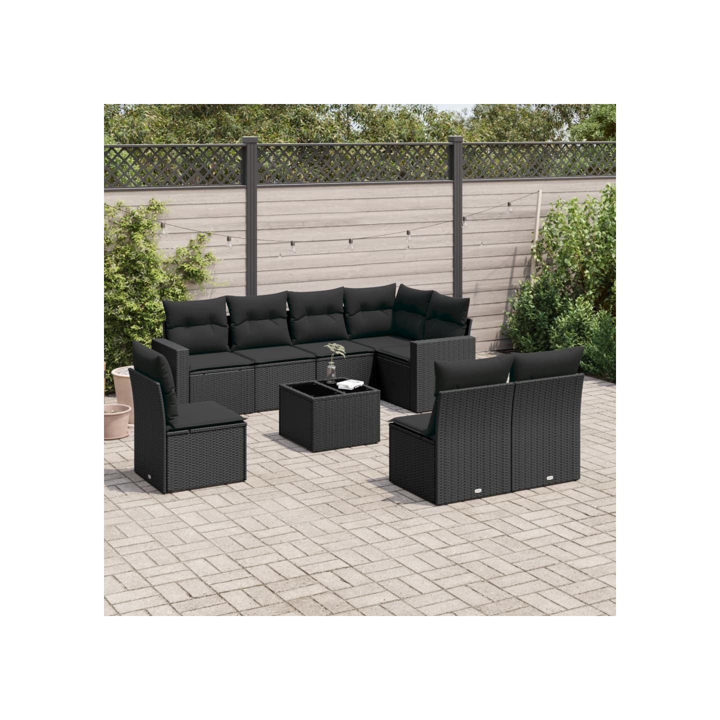Salon de jardin 9 pcs avec coussins noir résine tressée
