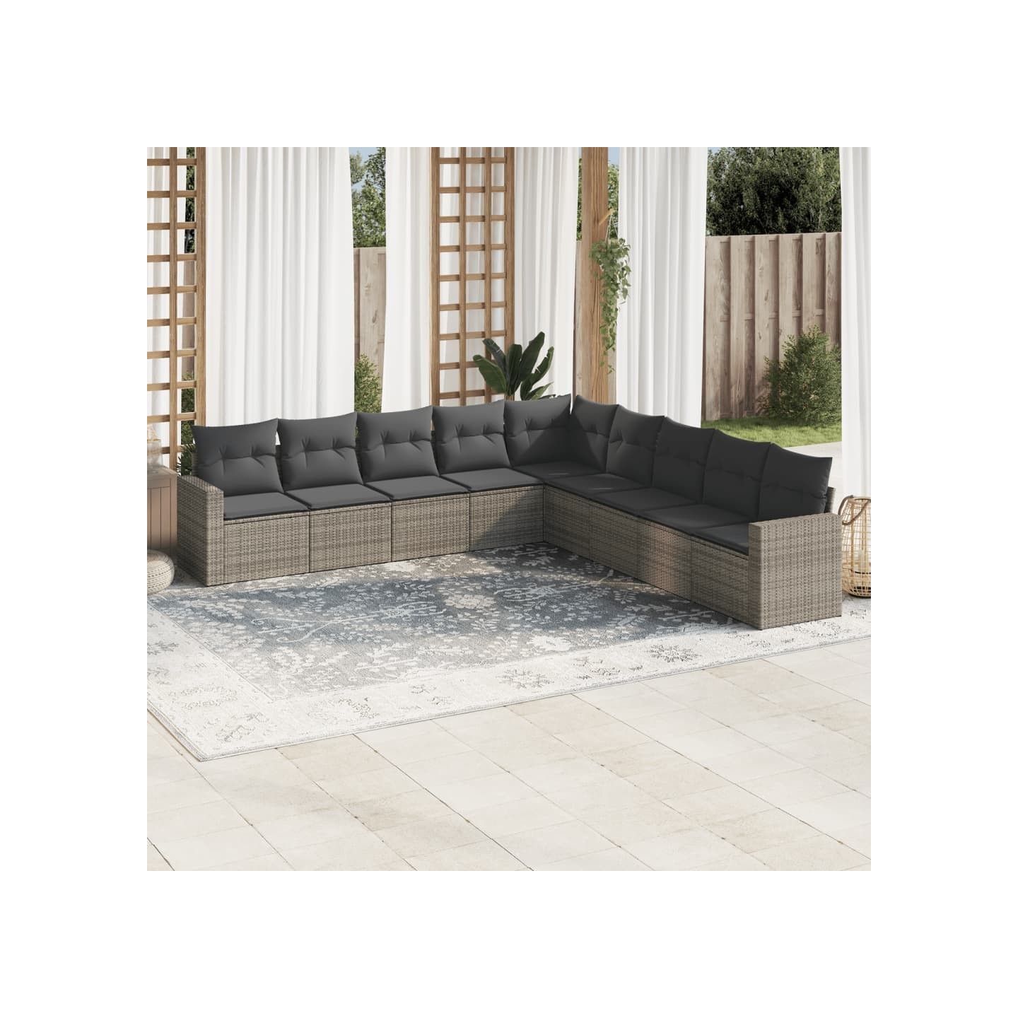 Salon de jardin 9 pcs avec coussins gris résine tressée