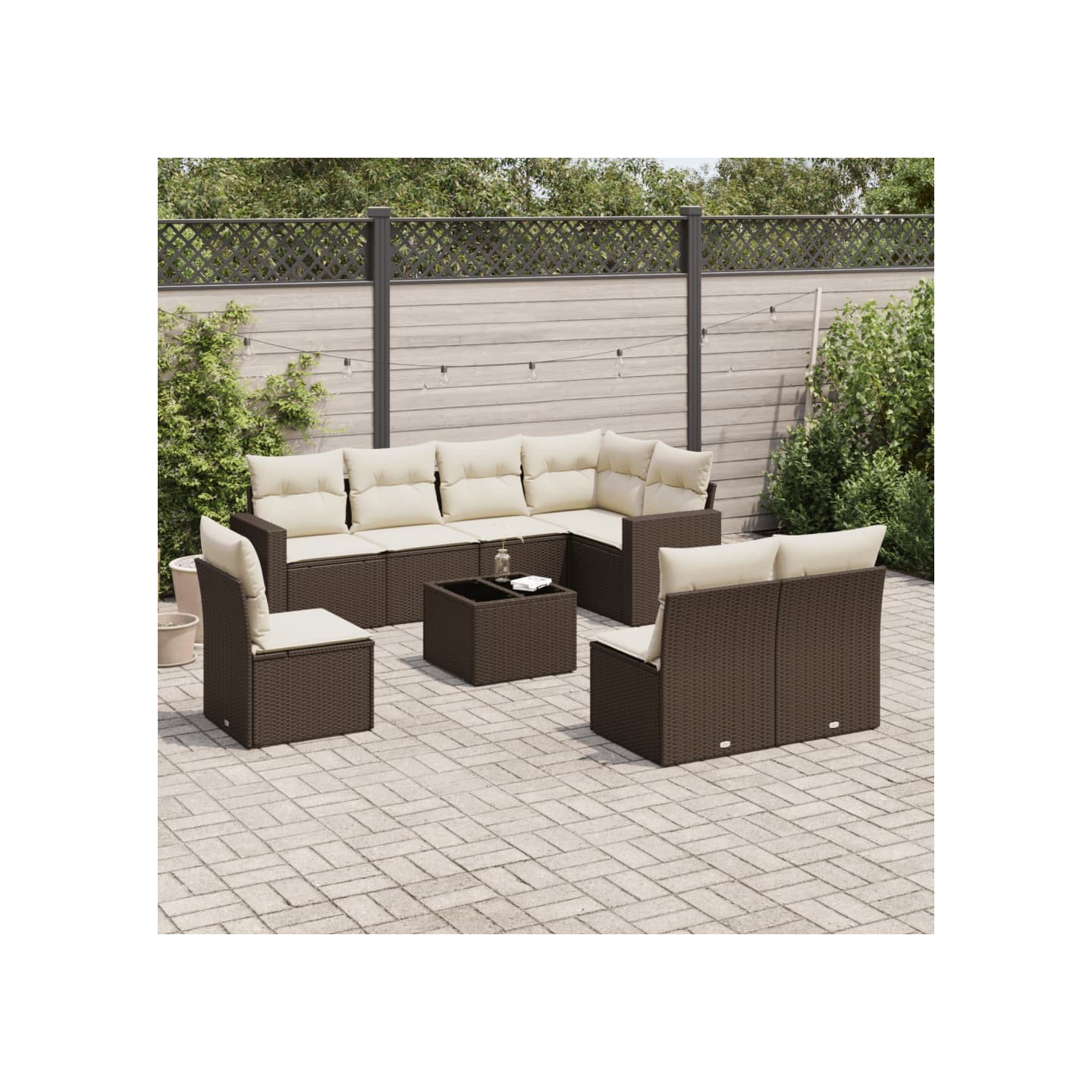 Salon de jardin avec coussins 9 pcs marron résine tressée