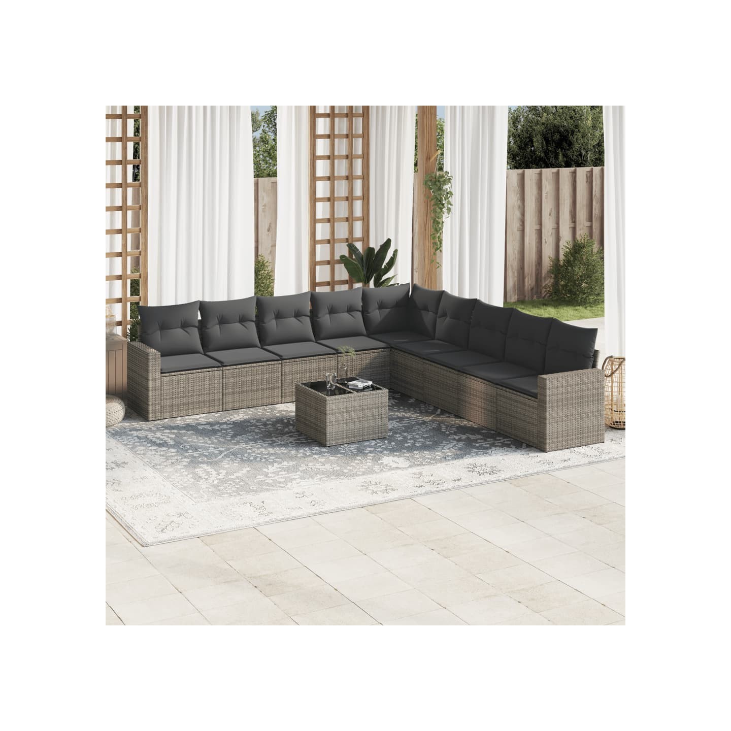 Salon de jardin avec coussins 10 pcs gris résine tressée