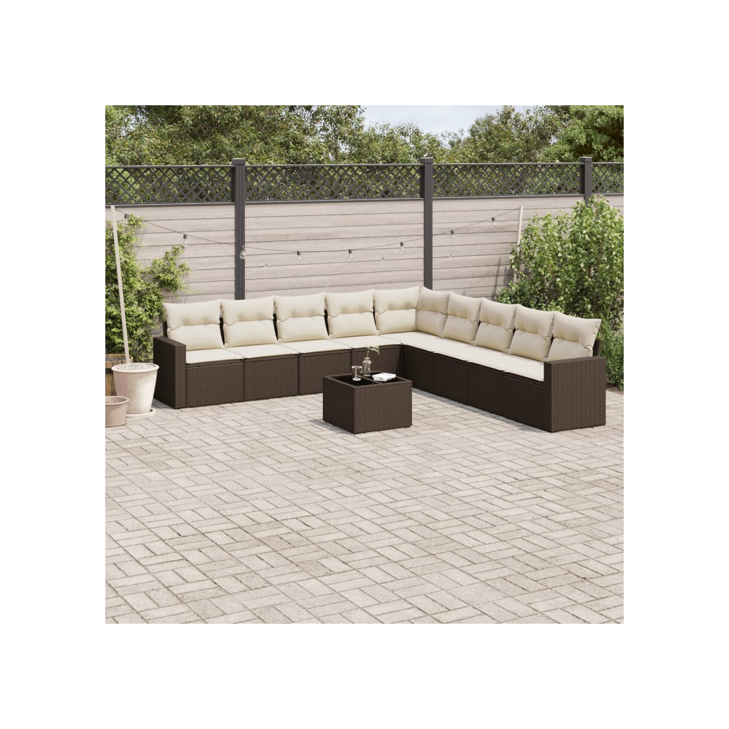 Salon de jardin 10 pcs avec coussins marron résine tressée