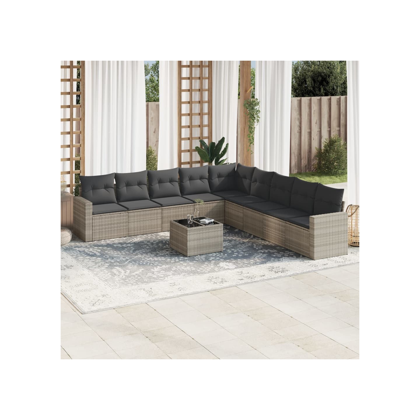 Salon de jardin avec coussins 10 pcs gris clair résine tressée