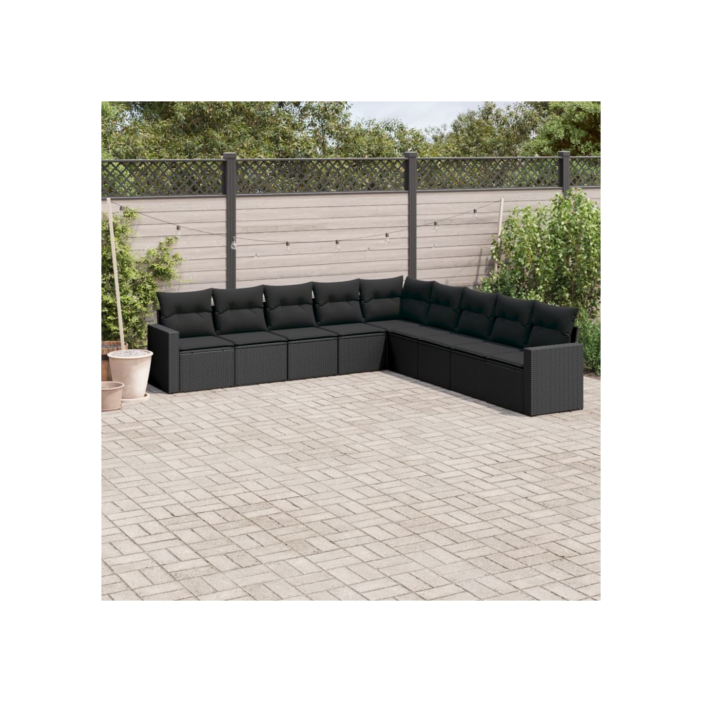 Salon de jardin 9 pcs avec coussins noir résine tressée