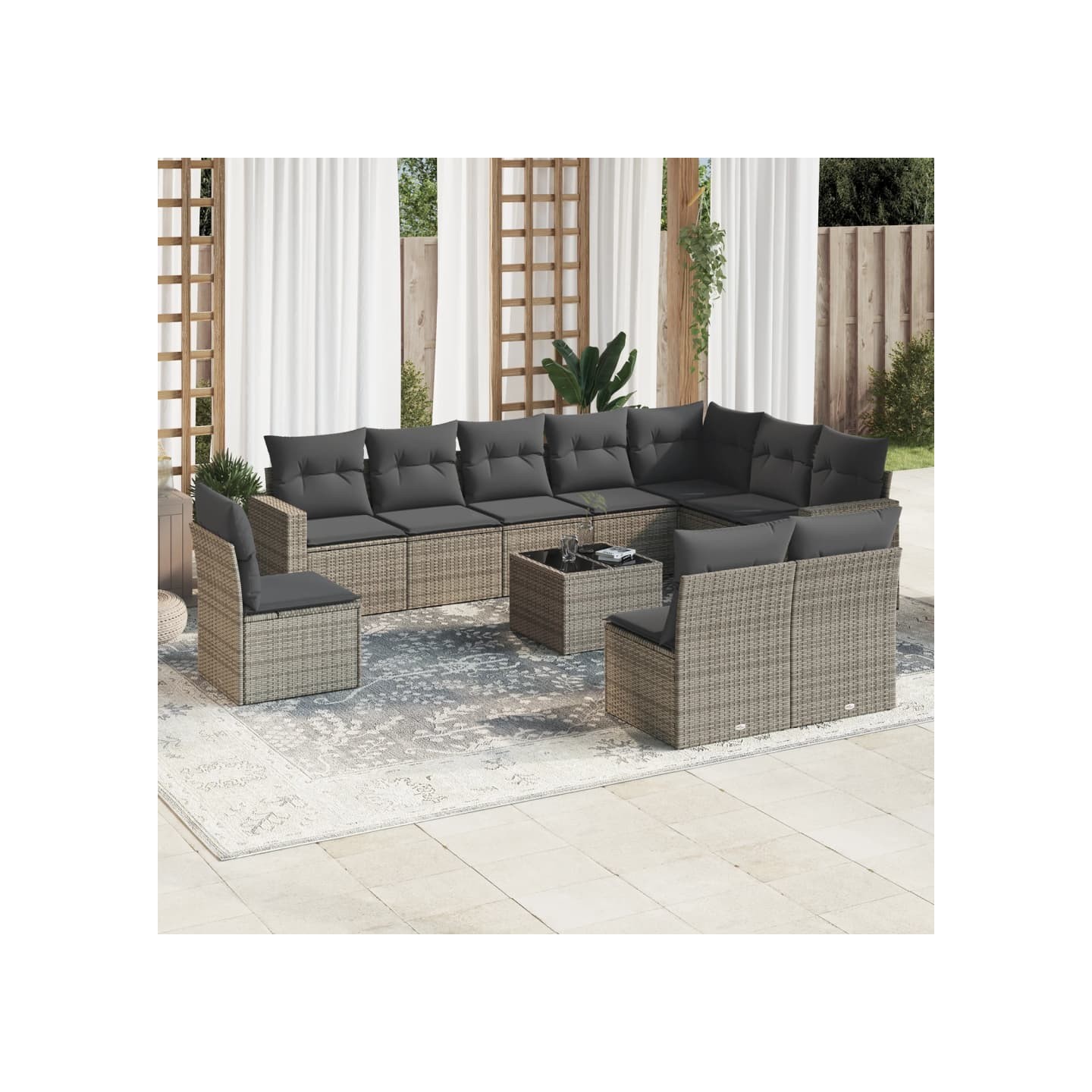 Salon de jardin 11 pcs avec coussins gris résine tressée