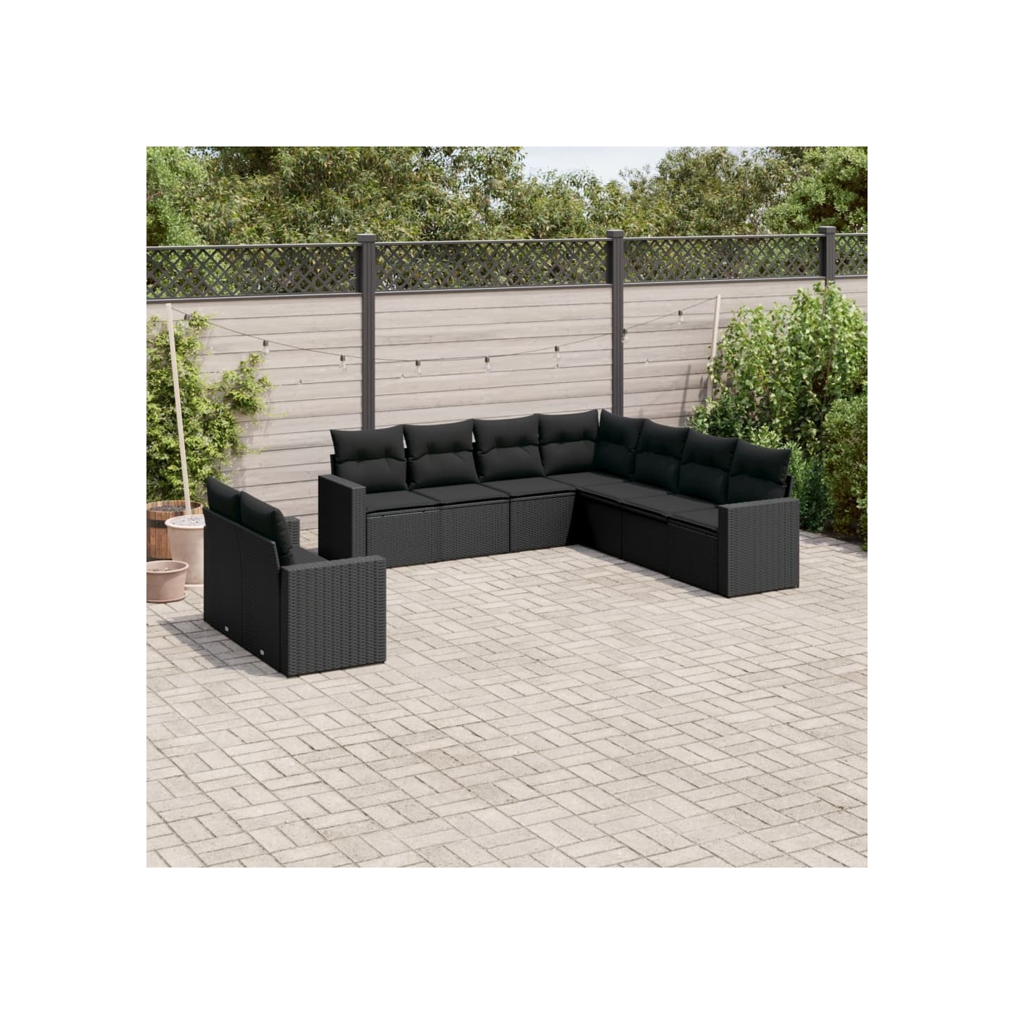 Salon de jardin 9 pcs avec coussins noir résine tressée