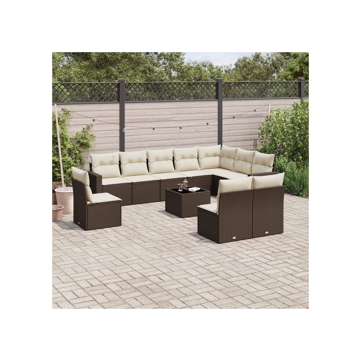 Salon de jardin et coussins 11 pcs marron résine tressée