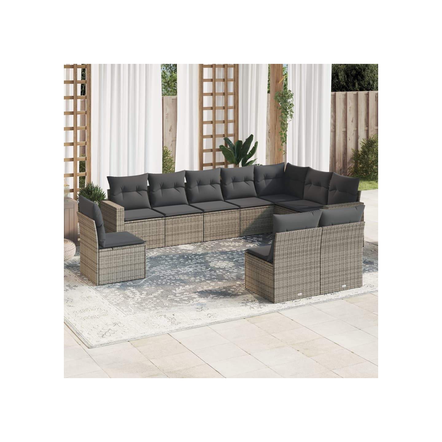 Salon de jardin avec coussins 10 pcs gris résine tressée