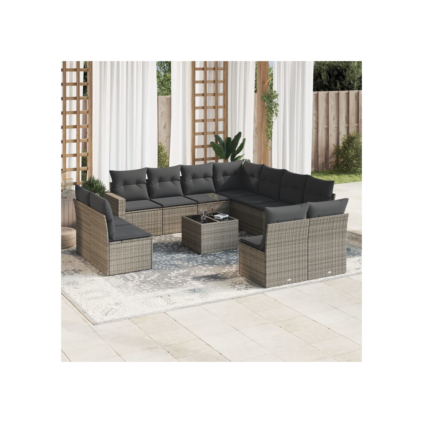 Salon de jardin avec coussins 12 pcs gris résine tressée