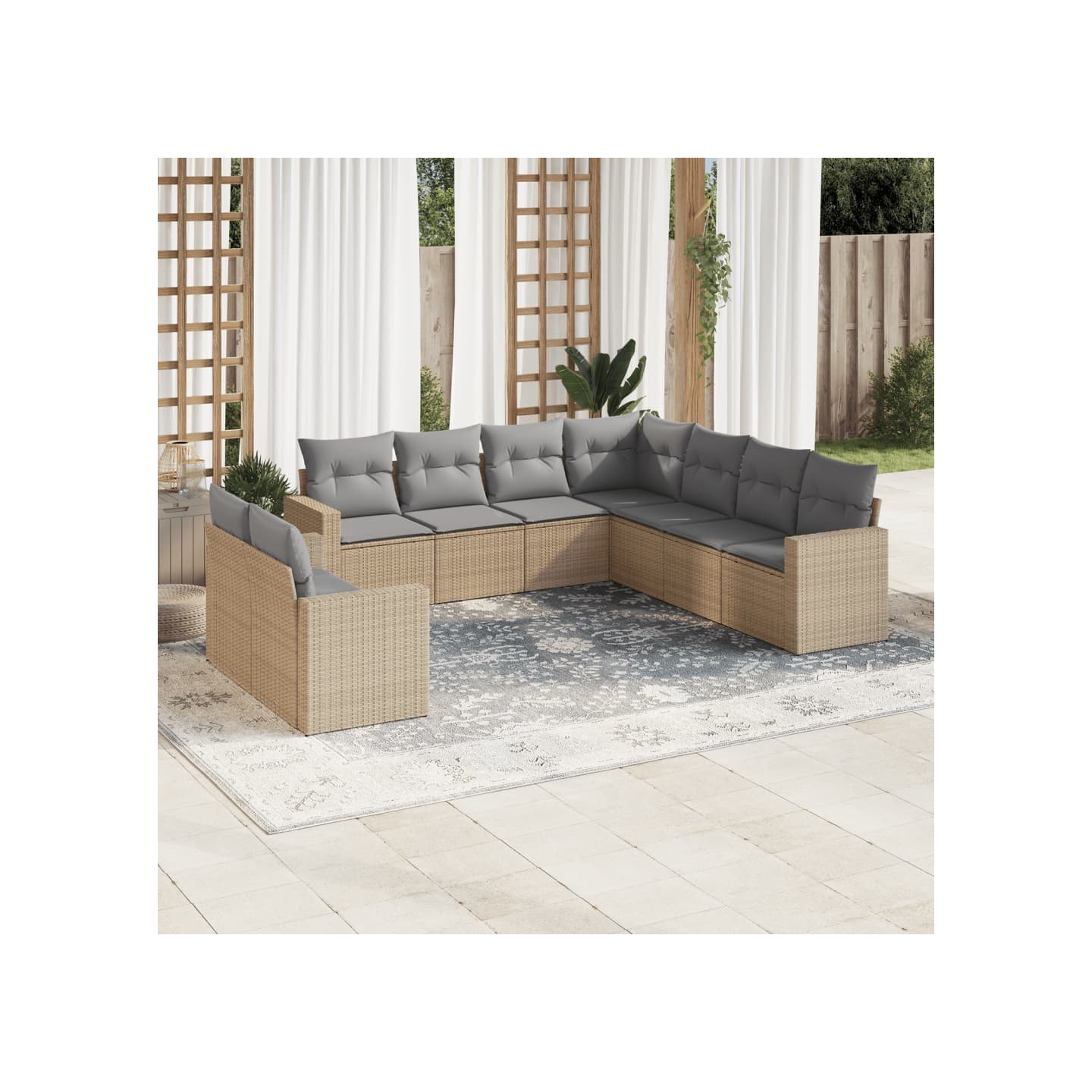 Salon de jardin avec coussins 9 pcs beige résine tressée