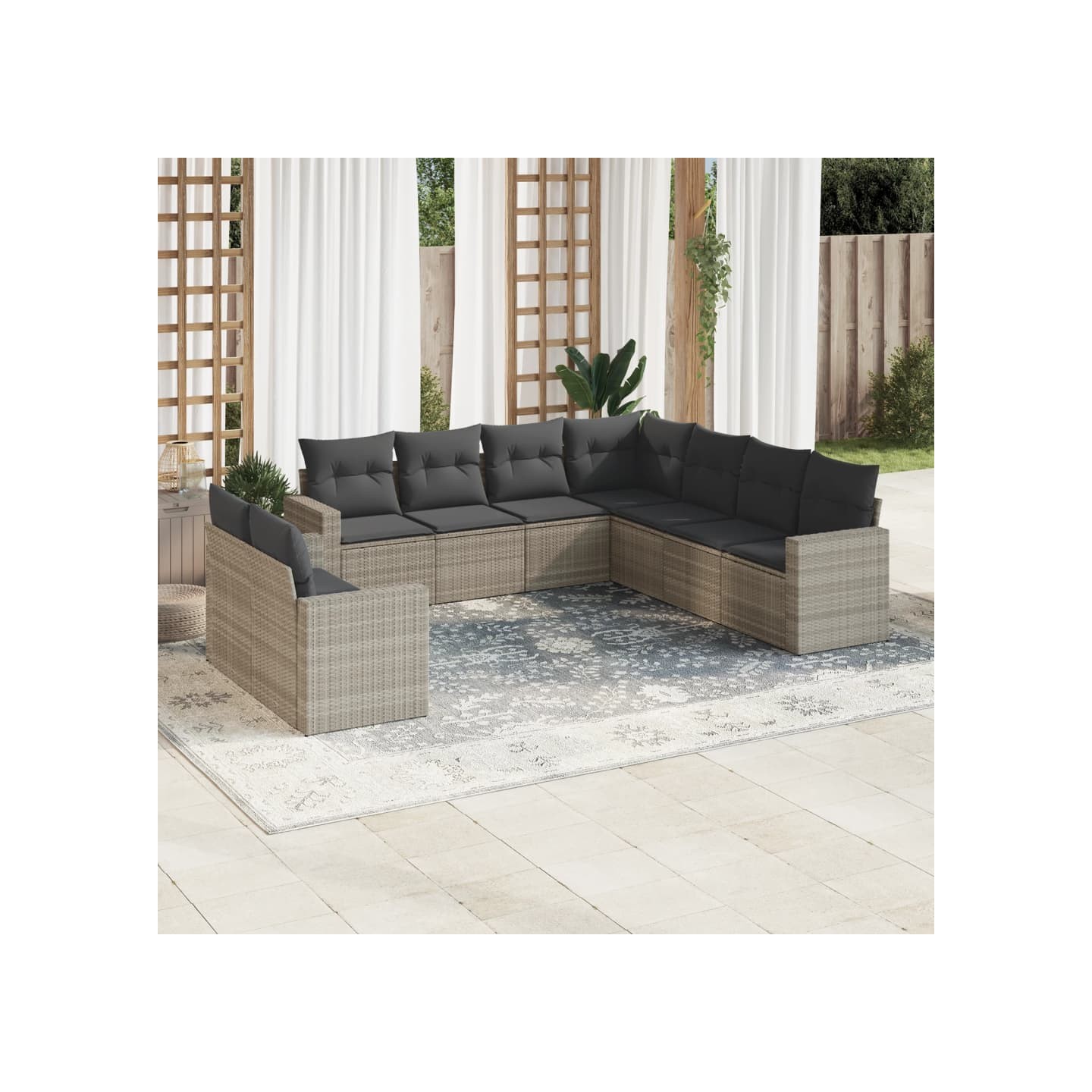 Salon de jardin 9 pcs avec coussins gris clair résine tressée
