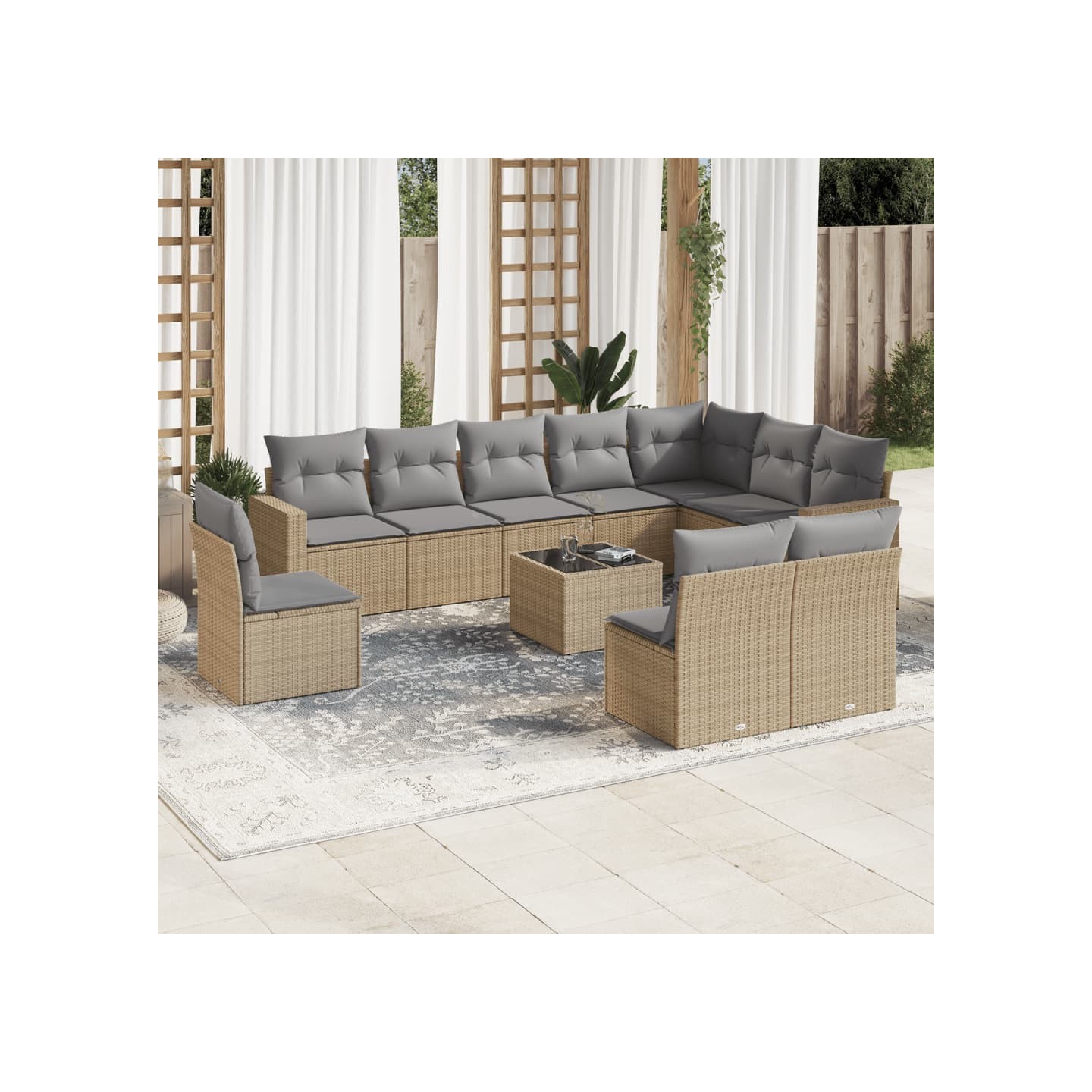 Salon de jardin 11 pcs avec coussins beige résine tressée