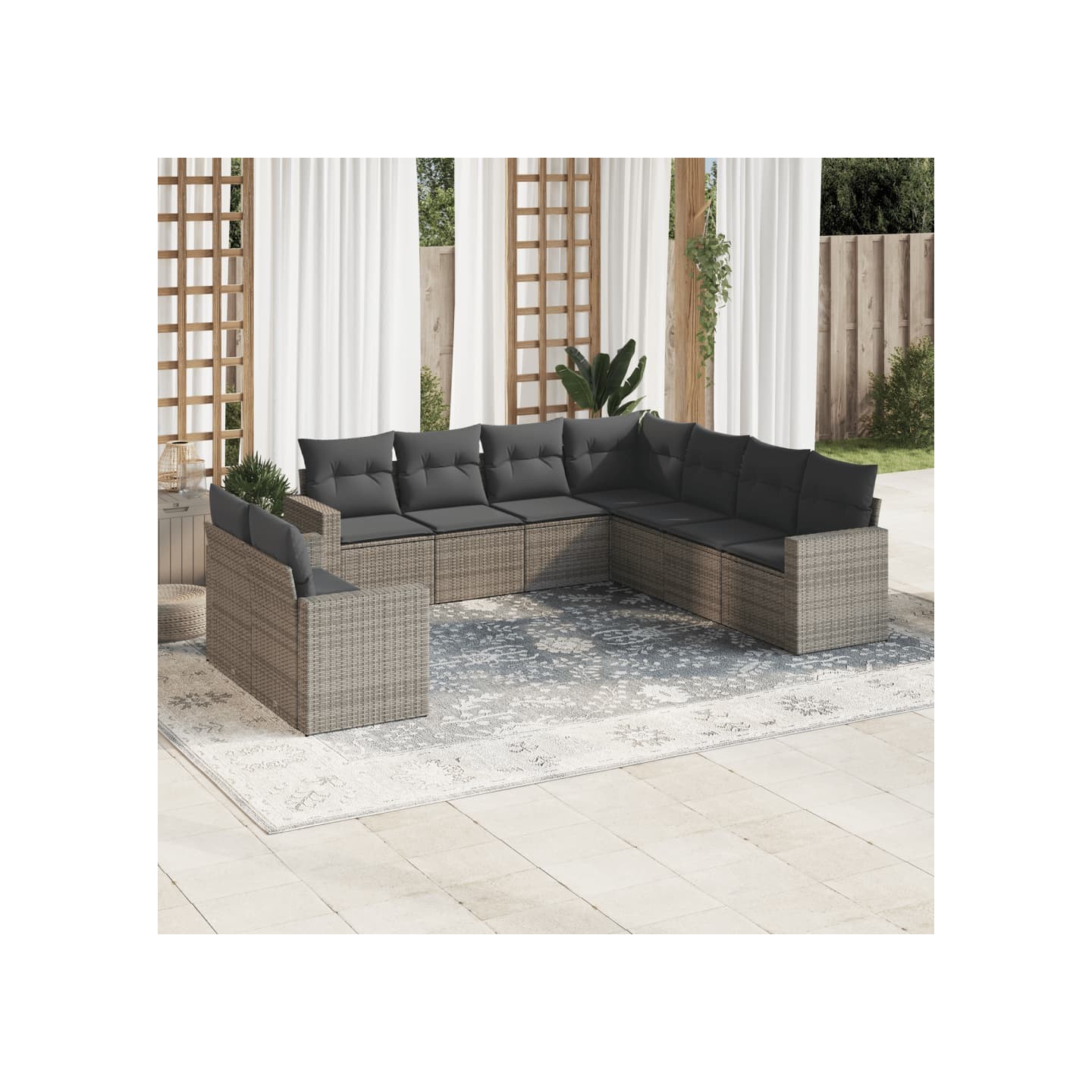 Salon de jardin 9 pcs avec coussins gris résine tressée