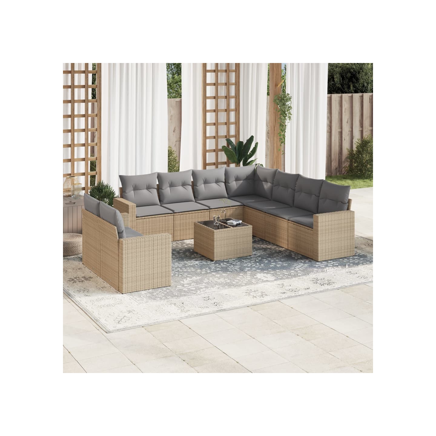Salon de jardin avec coussins 10 pcs beige résine tressée