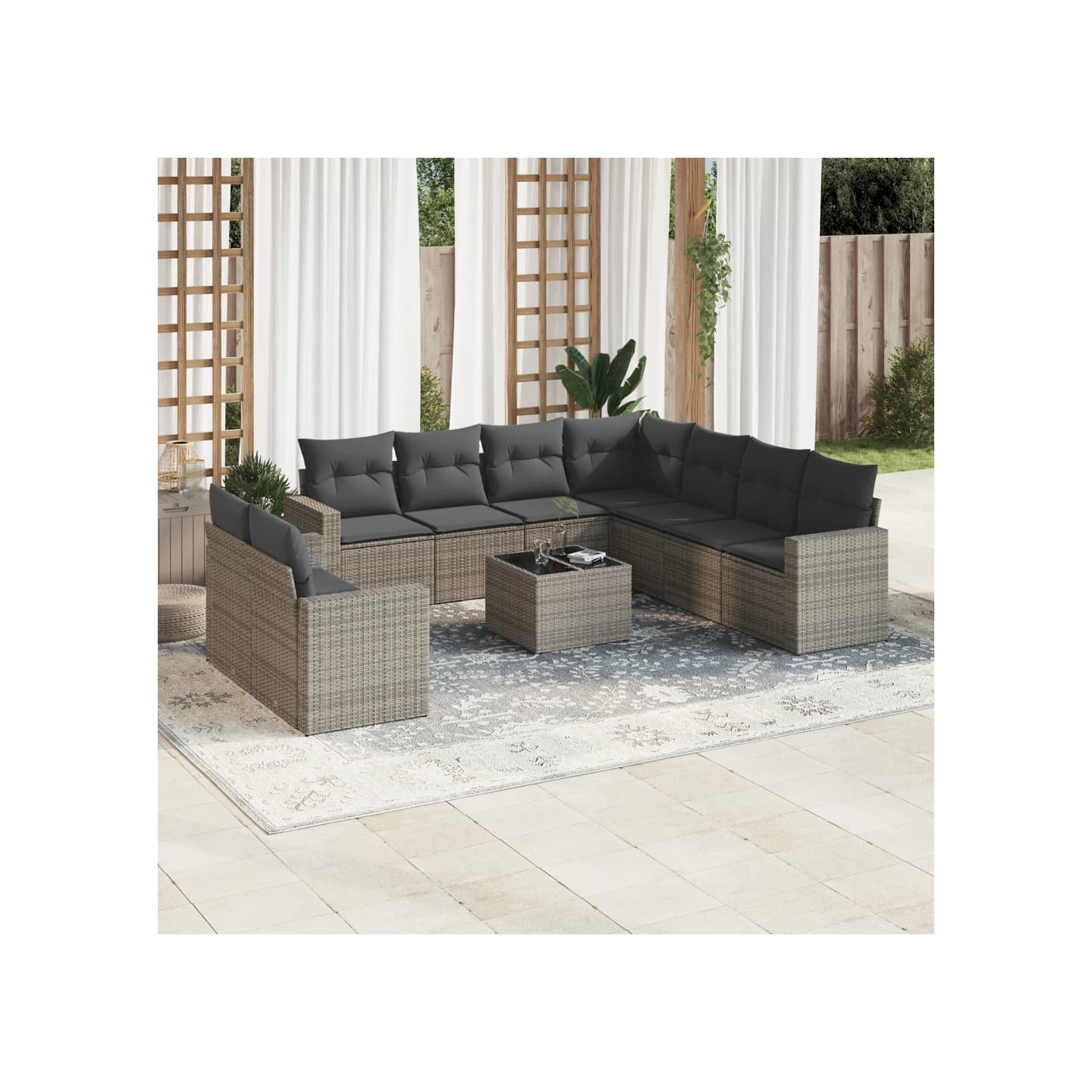 Salon de jardin avec coussins 10 pcs gris résine tressée