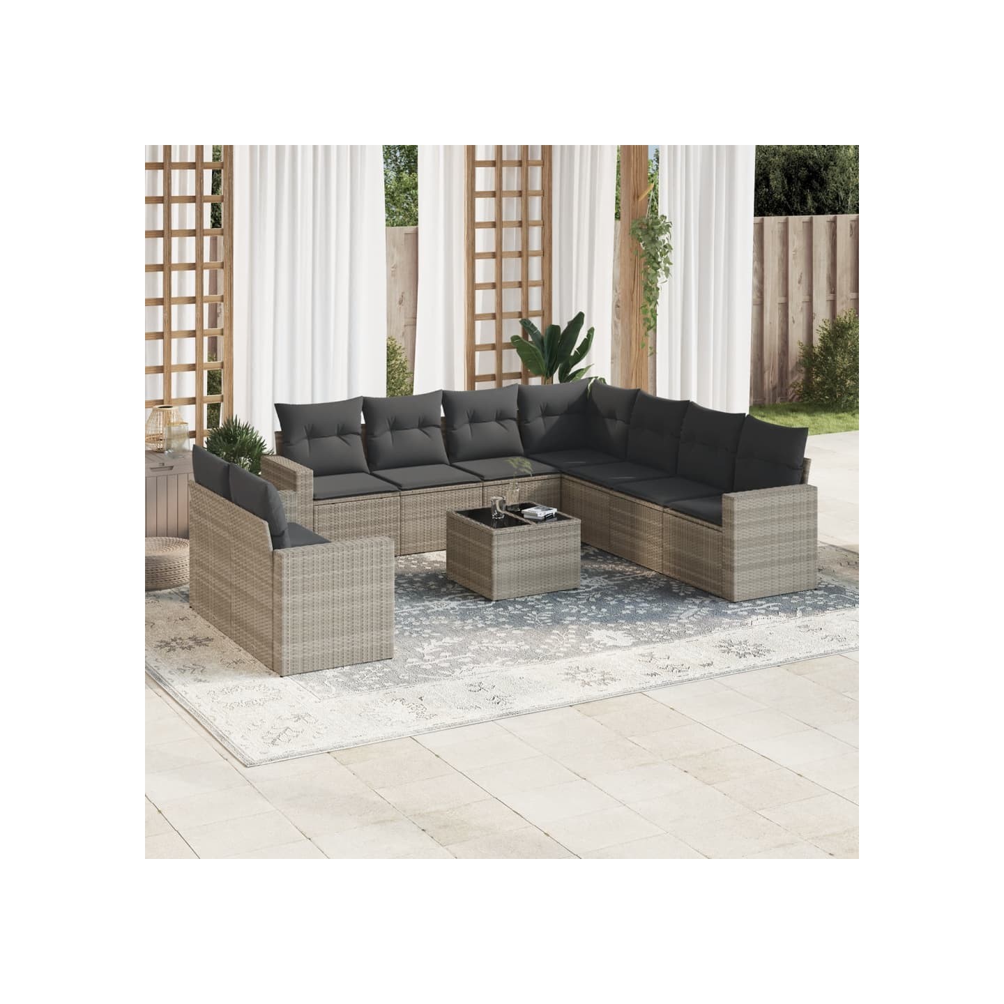 Salon de jardin avec coussins 10 pcs gris clair résine tressée