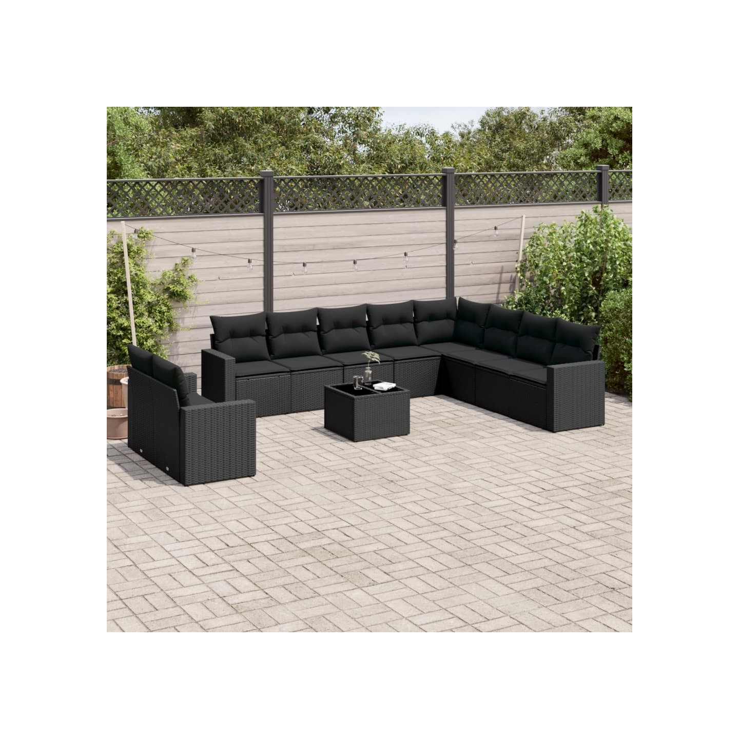 Salon de jardin 11 pcs avec coussins noir résine tressée
