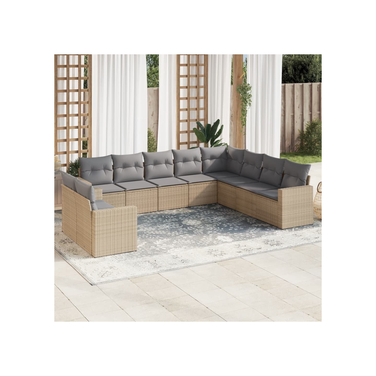 Salon de jardin avec coussins 10 pcs beige résine tressée