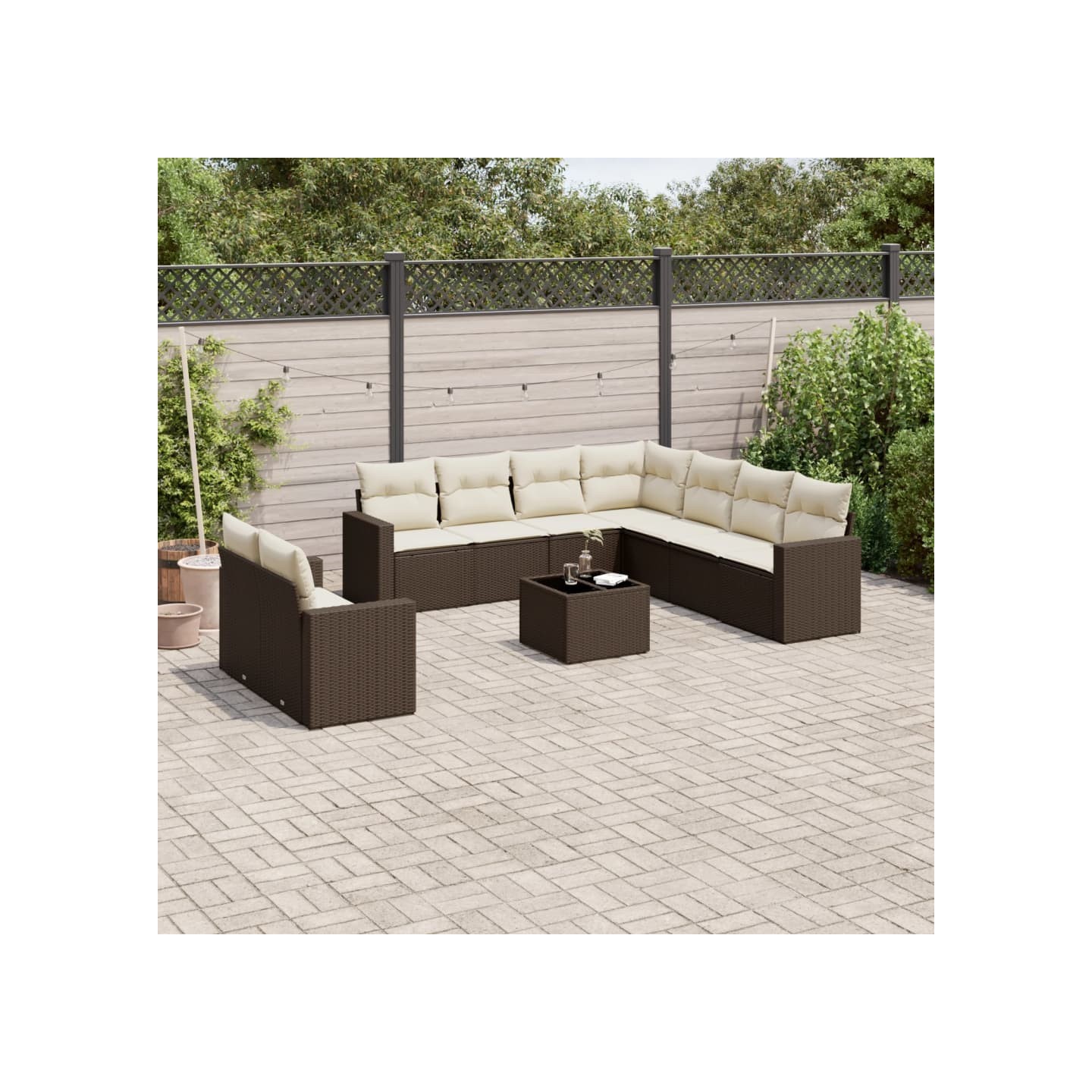 Salon de jardin 10 pcs avec coussins marron résine tressée