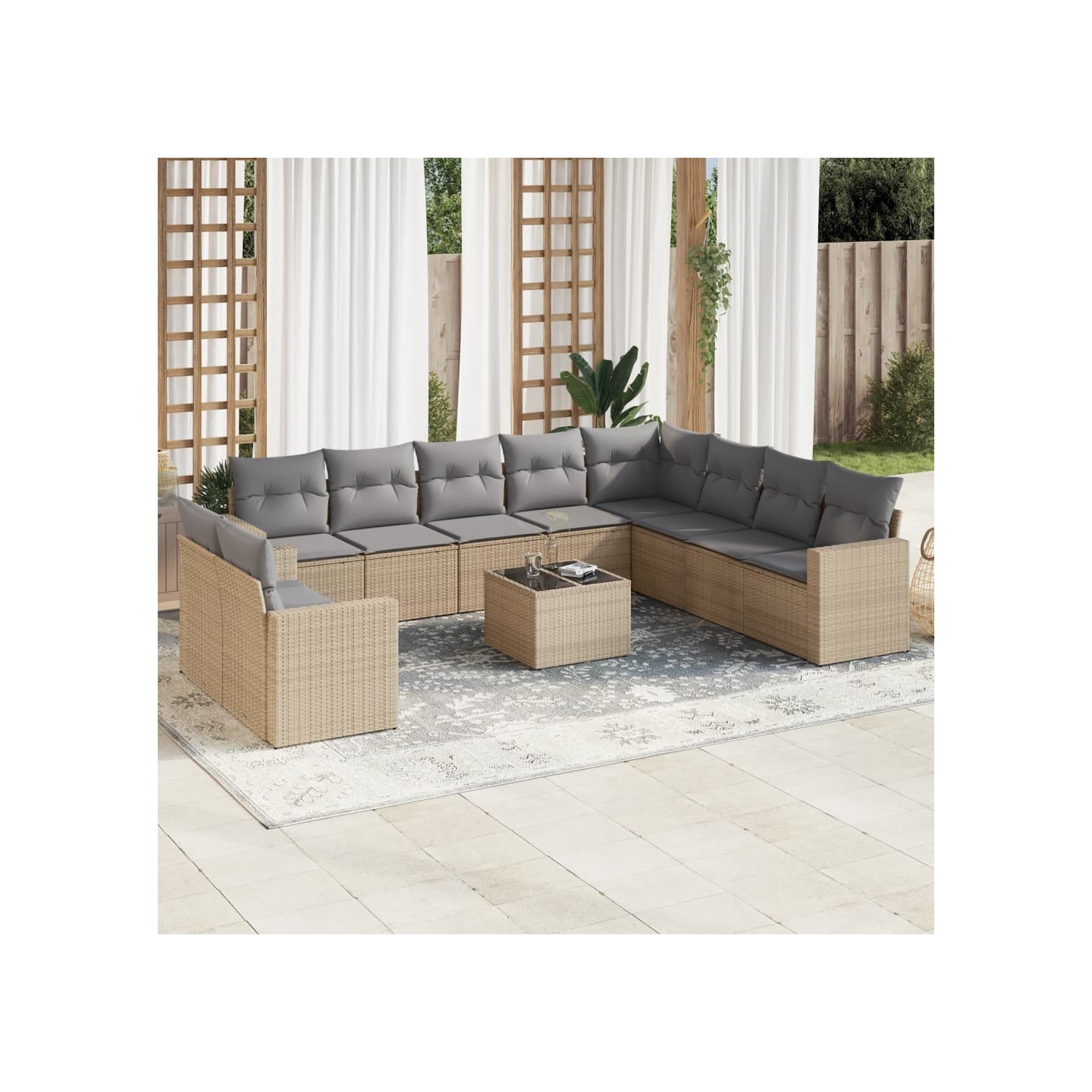 Salon de jardin 11 pcs avec coussins beige résine tressée
