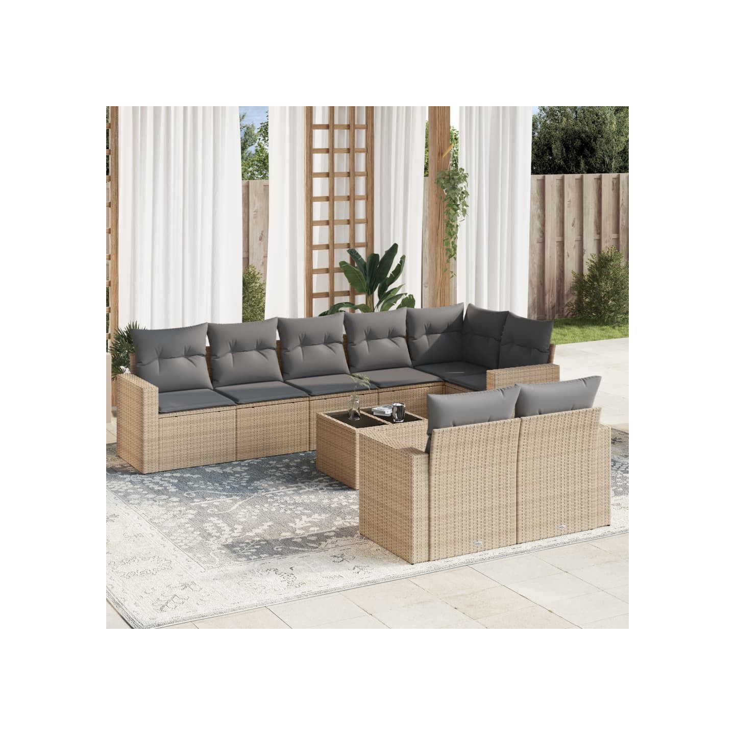 Salon de jardin avec coussins 9 pcs beige résine tressée