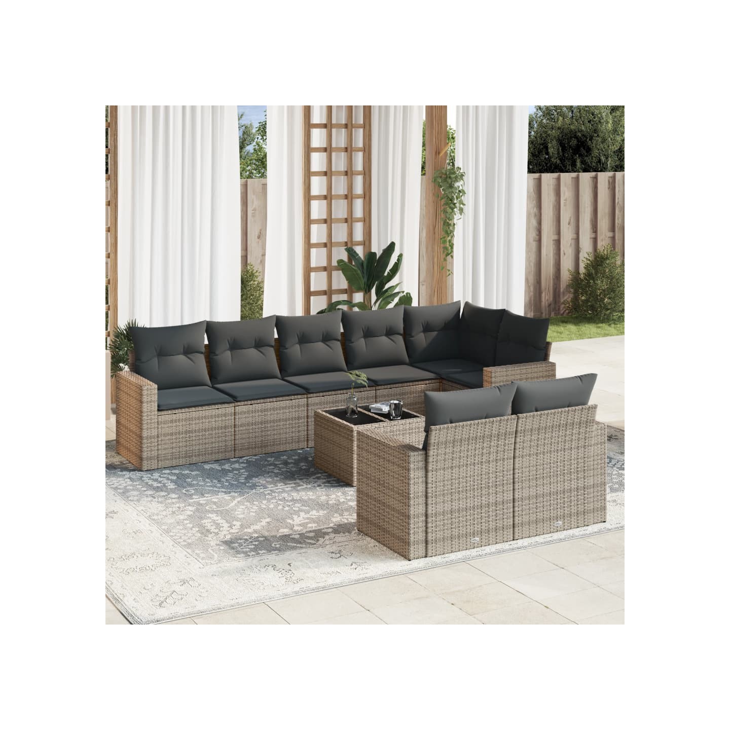 Salon de jardin 9 pcs avec coussins gris résine tressée