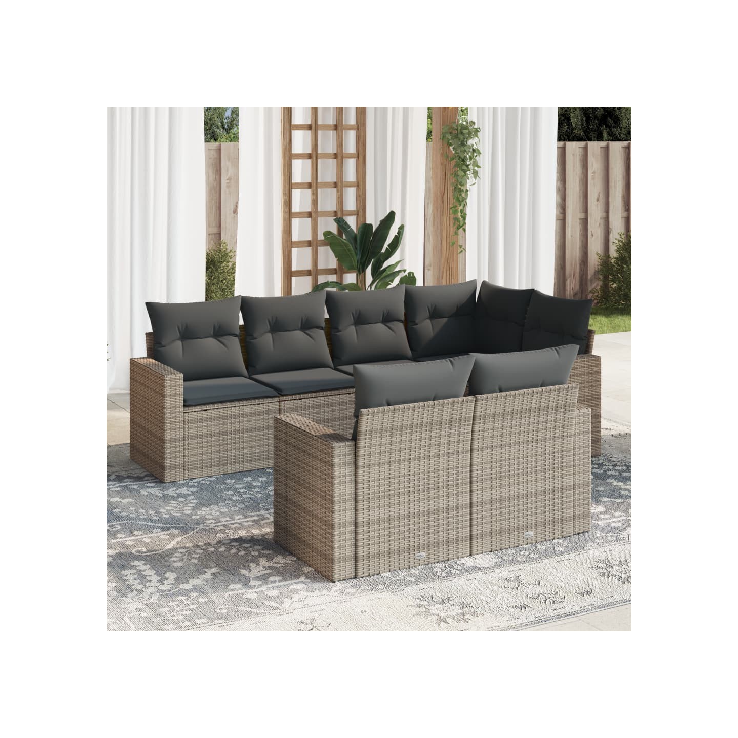 Salon de jardin avec coussins 7 pcs gris résine tressée