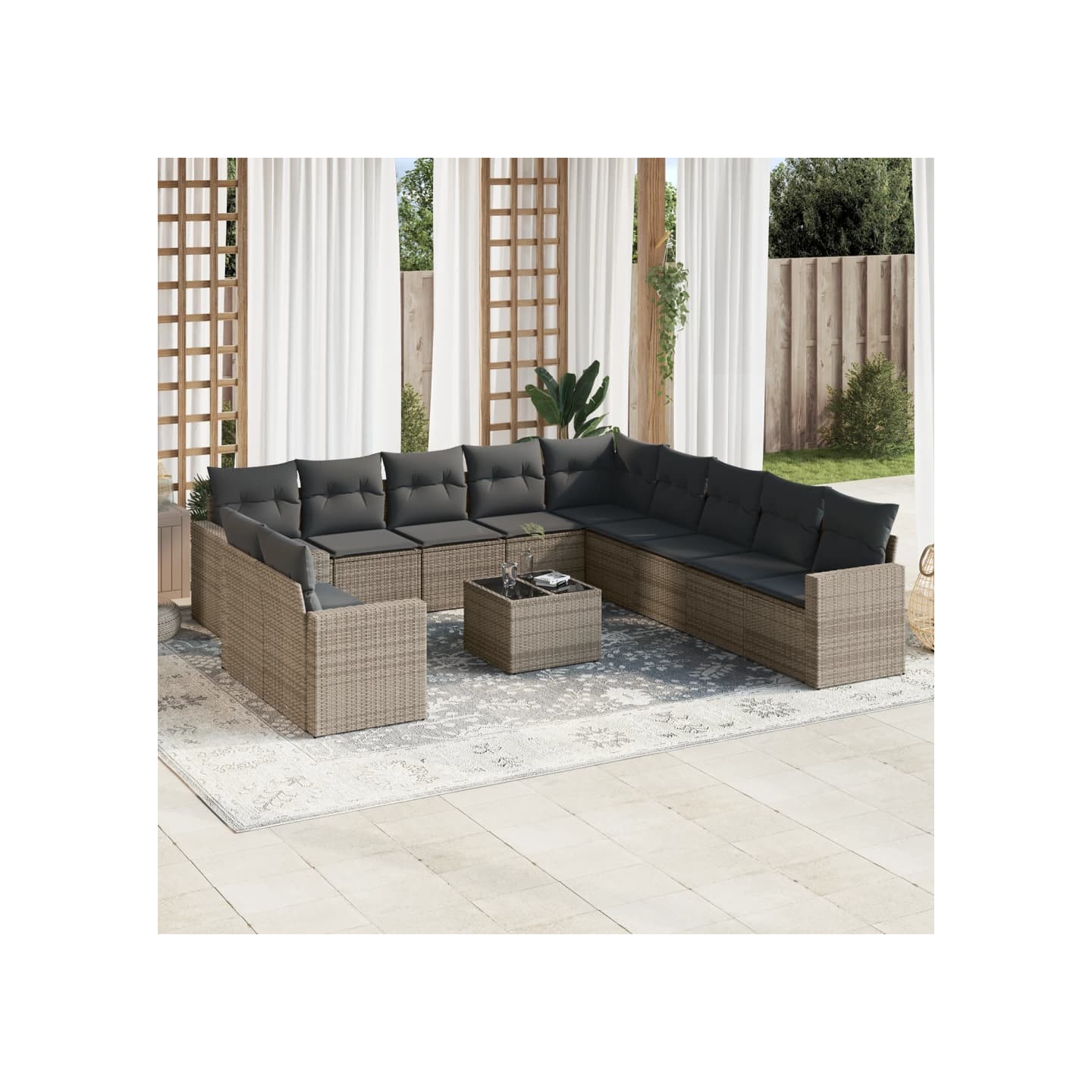 Salon de jardin avec coussins 12 pcs gris résine tressée
