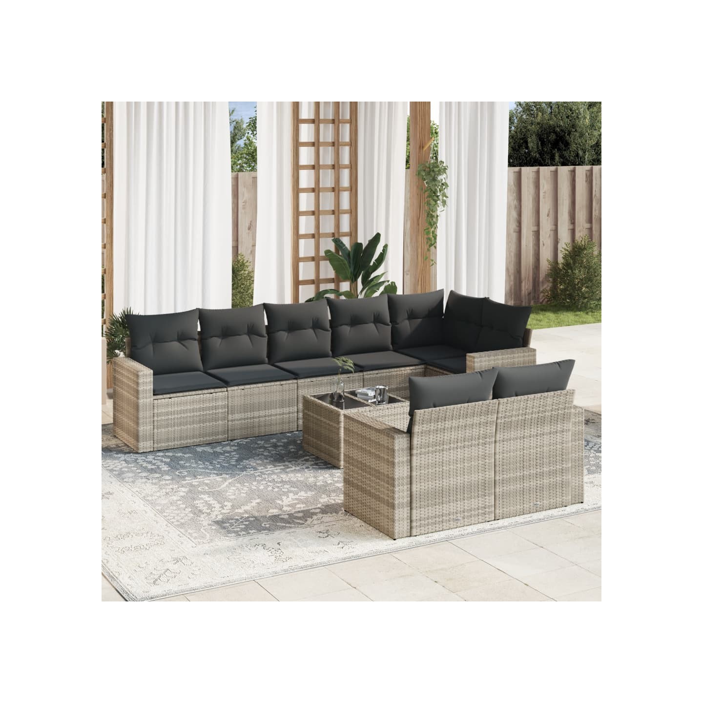 Salon de jardin 9 pcs avec coussins gris clair résine tressée