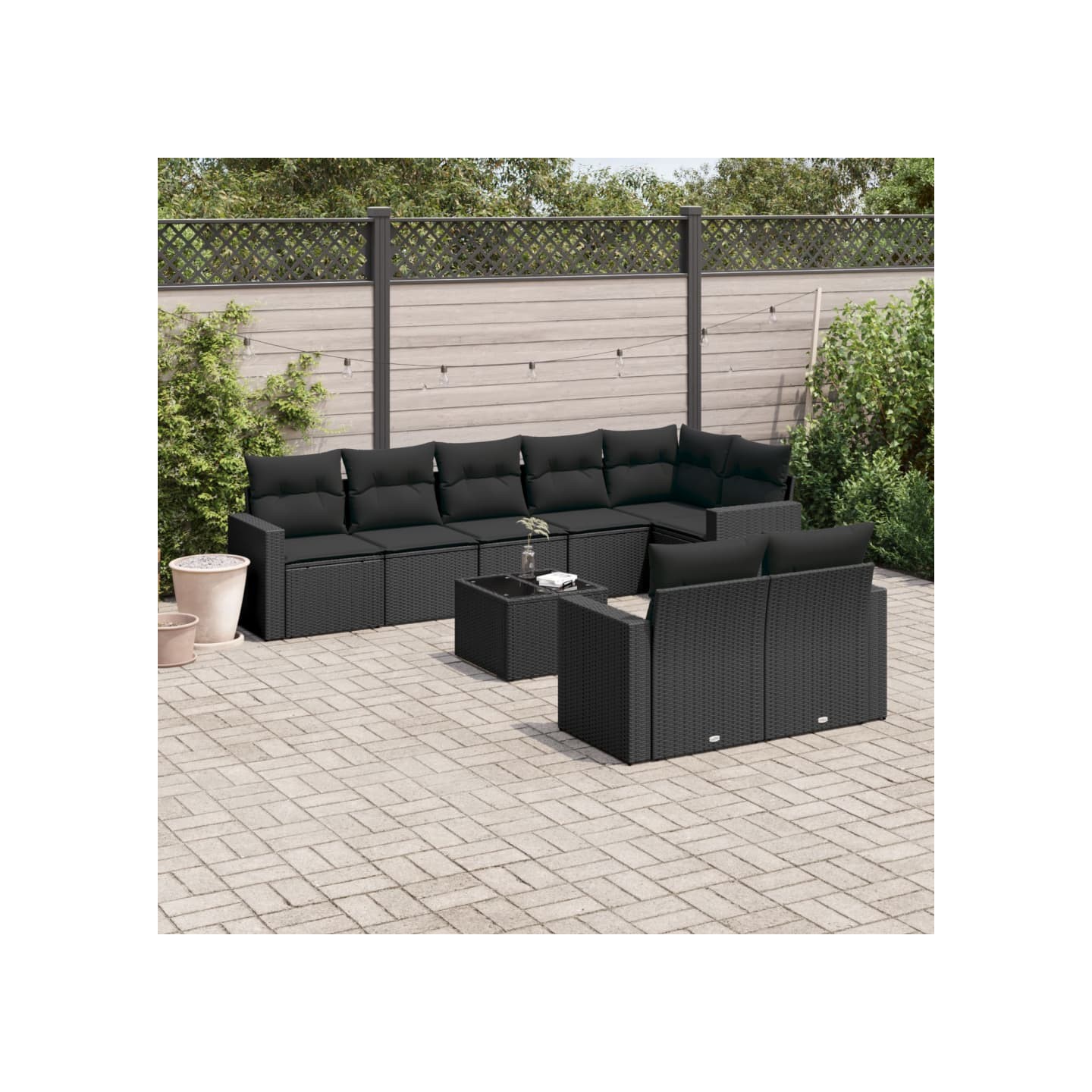 Salon de jardin 9 pcs avec coussins noir résine tressée