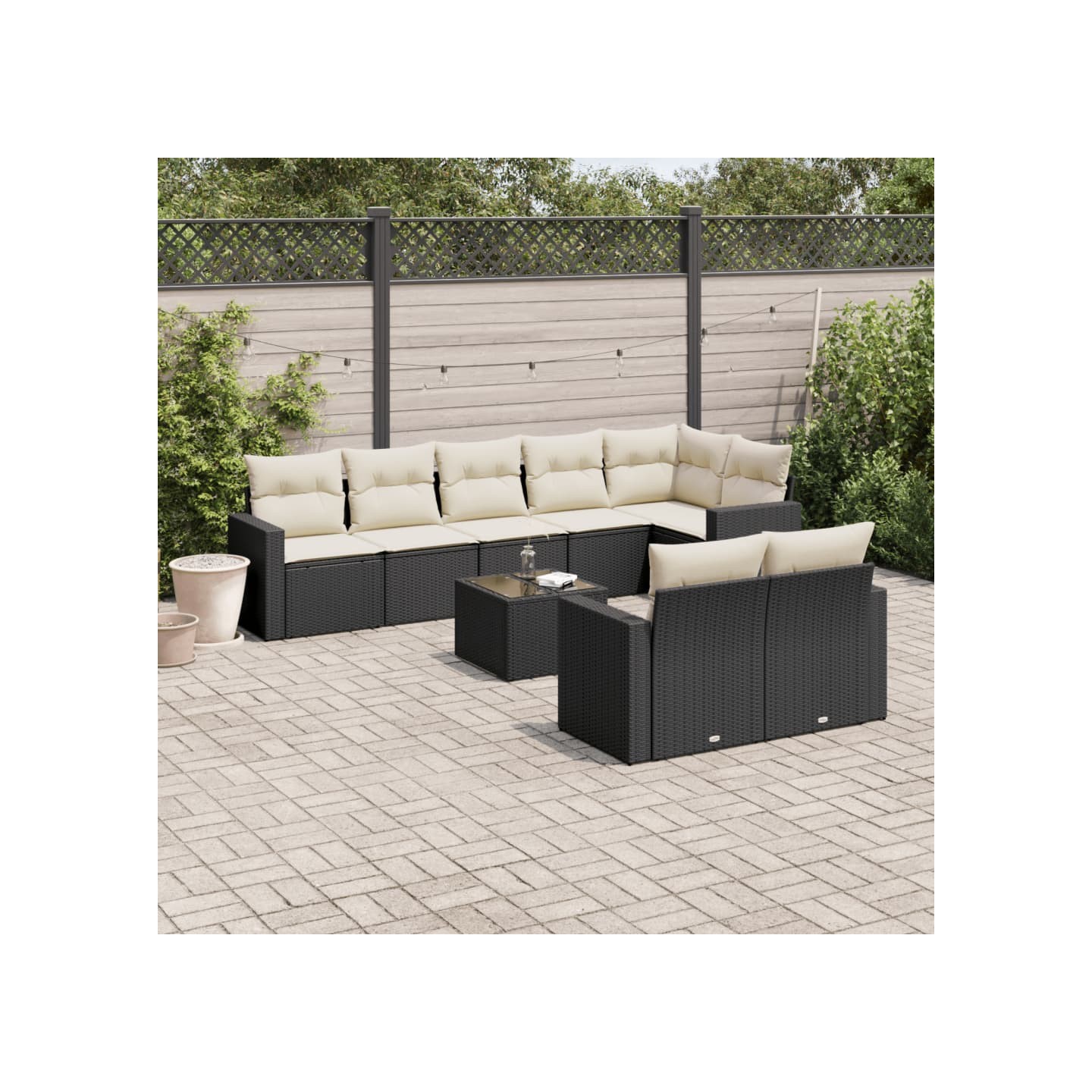 Salon de jardin 9 pcs avec coussins noir résine tressée