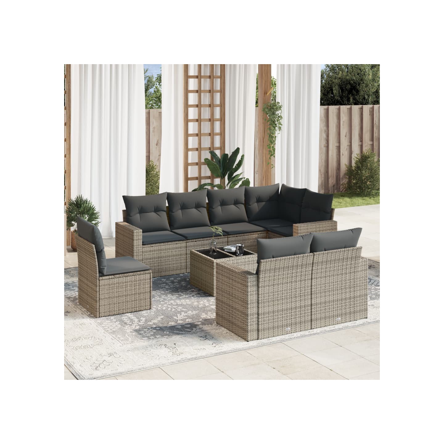 Salon de jardin 9 pcs avec coussins gris résine tressée