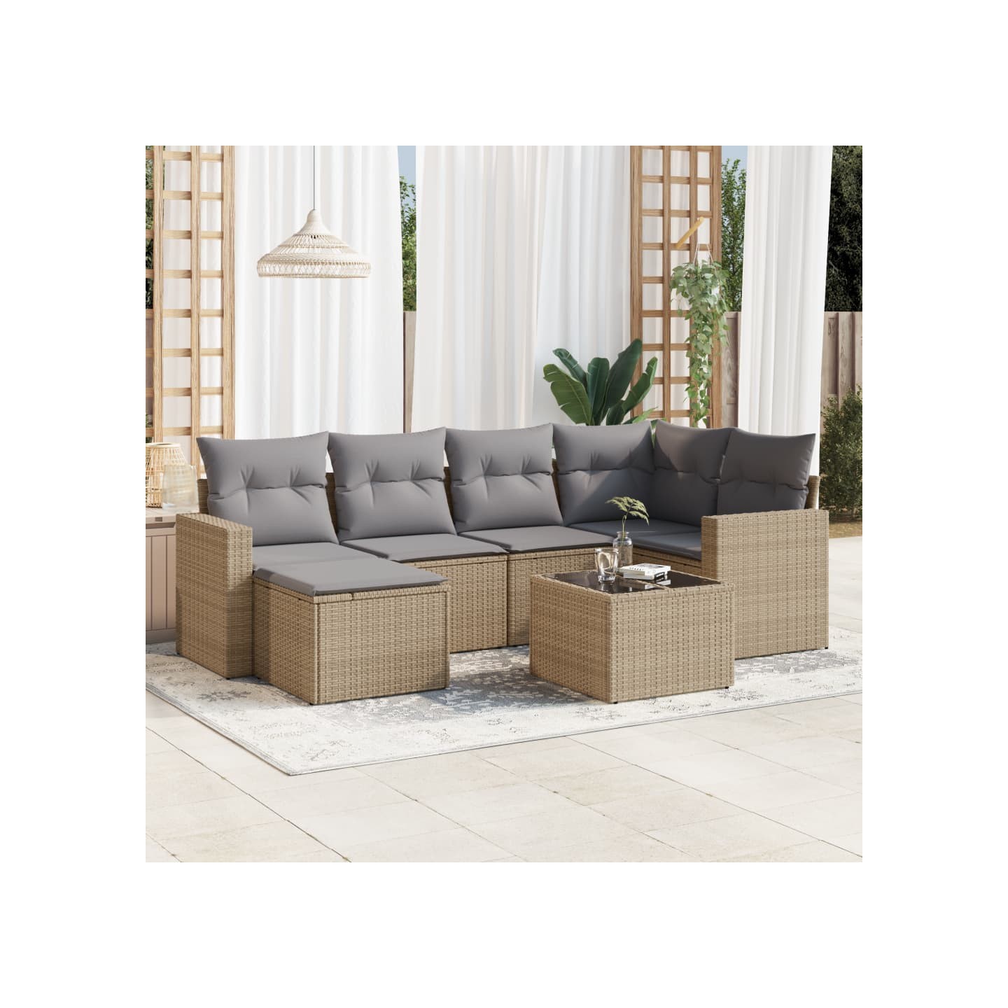 Salon de jardin avec coussins 7 pcs beige résine tressée