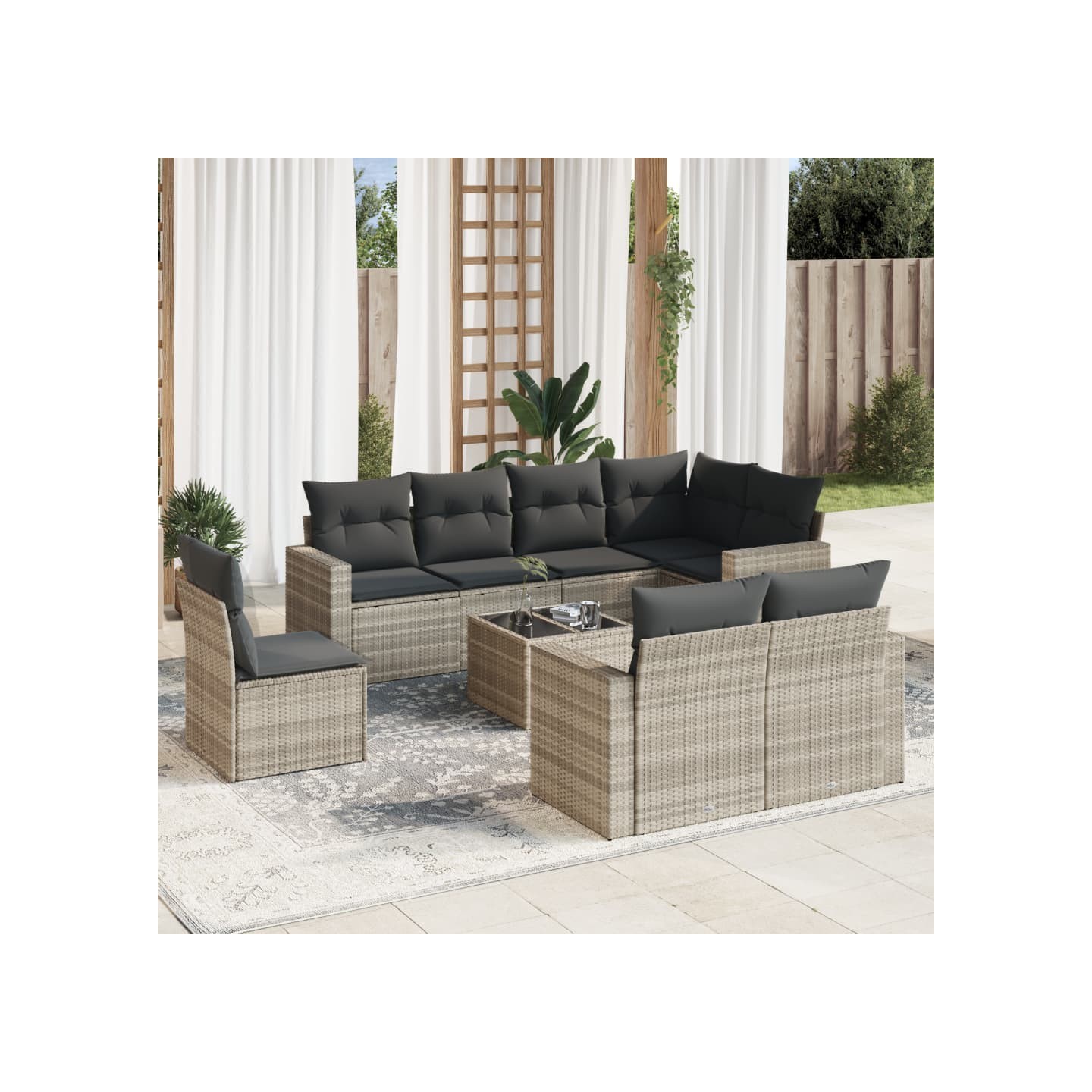 Salon de jardin 9 pcs avec coussins gris clair résine tressée