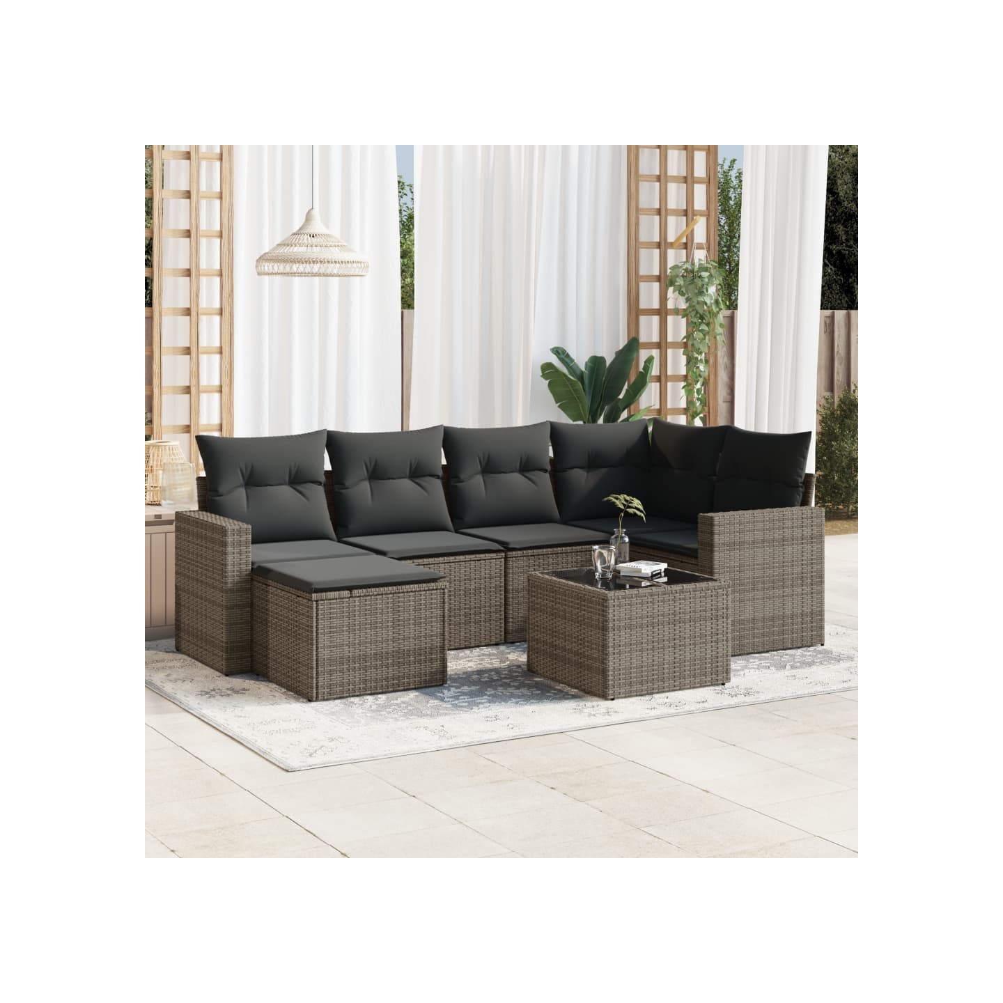 Salon de jardin avec coussins 7 pcs gris résine tressée