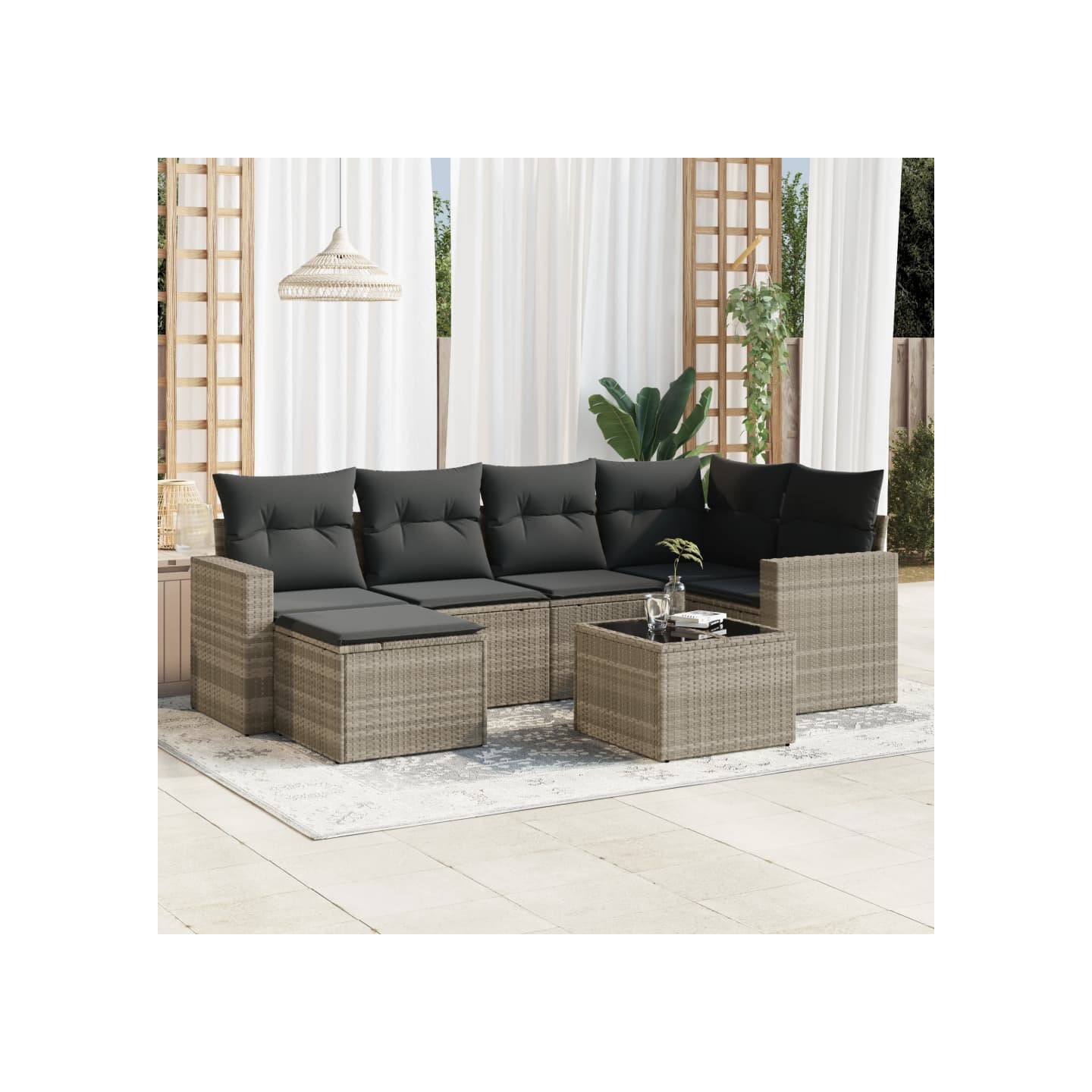 Salon de jardin avec coussins 7 pcs gris clair résine tressée