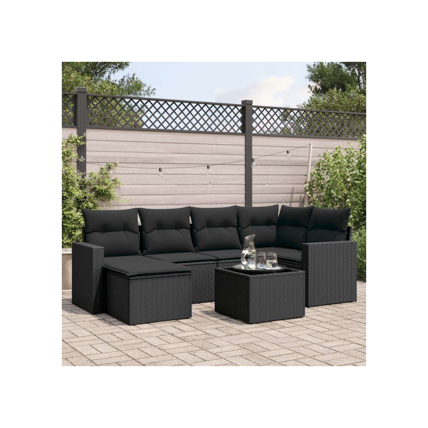 Salon de jardin 7 pcs avec coussins noir résine tressée