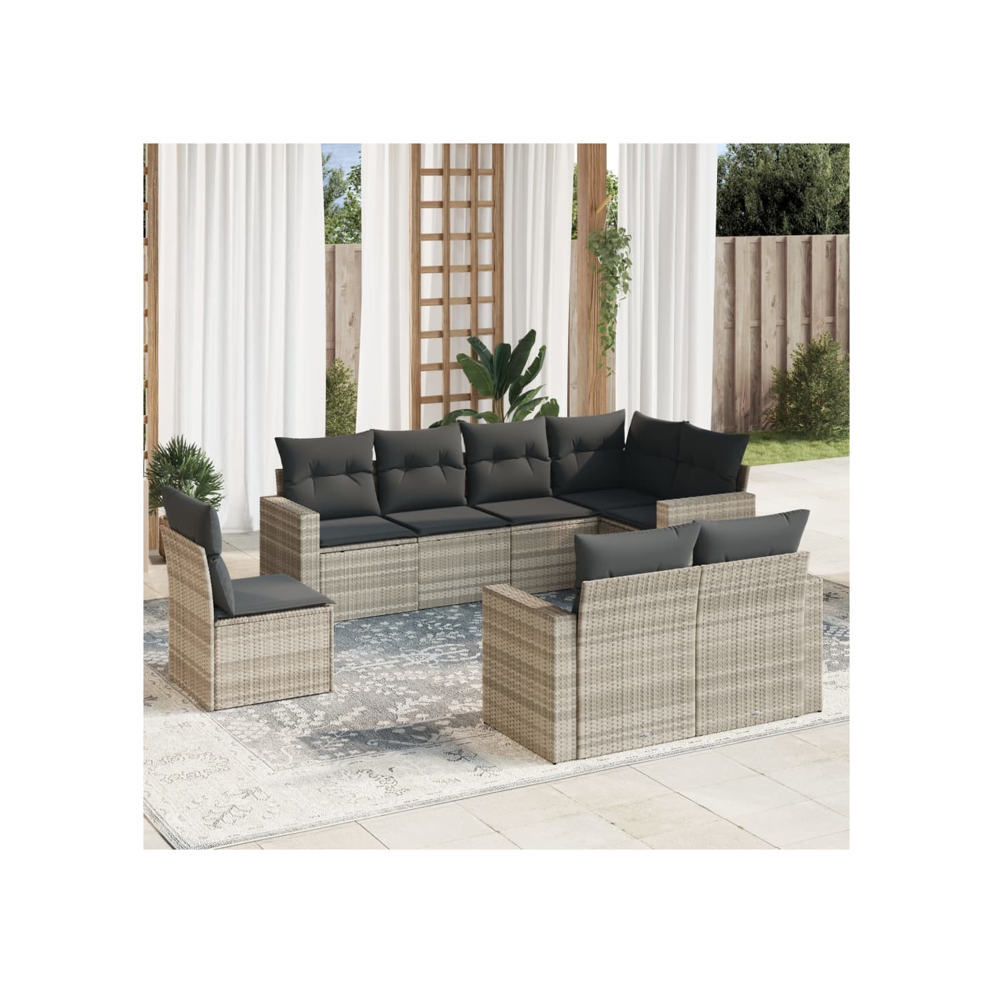 Salon de jardin 8 pcs avec coussins gris clair résine tressée