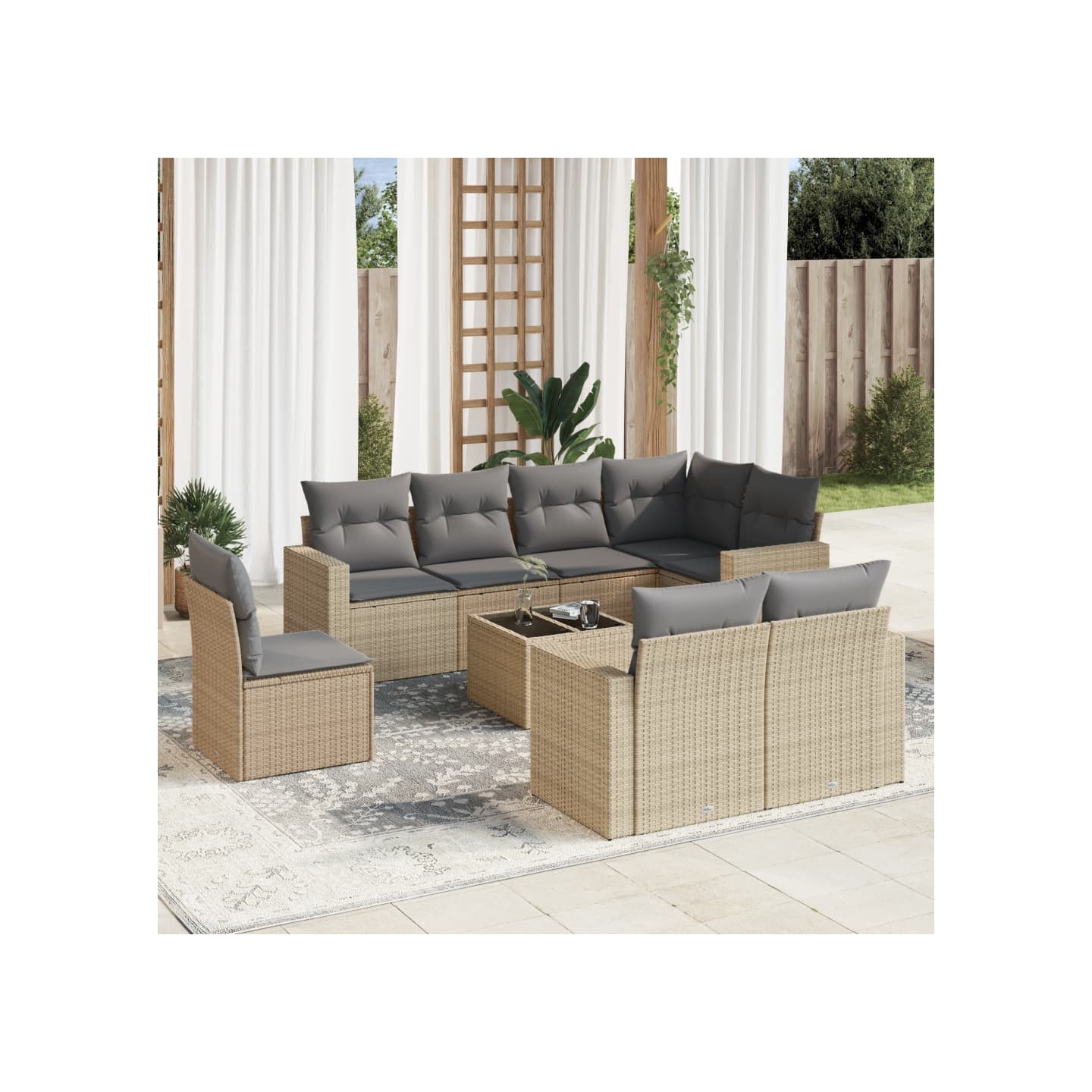 Salon de jardin avec coussins 9 pcs beige résine tressée