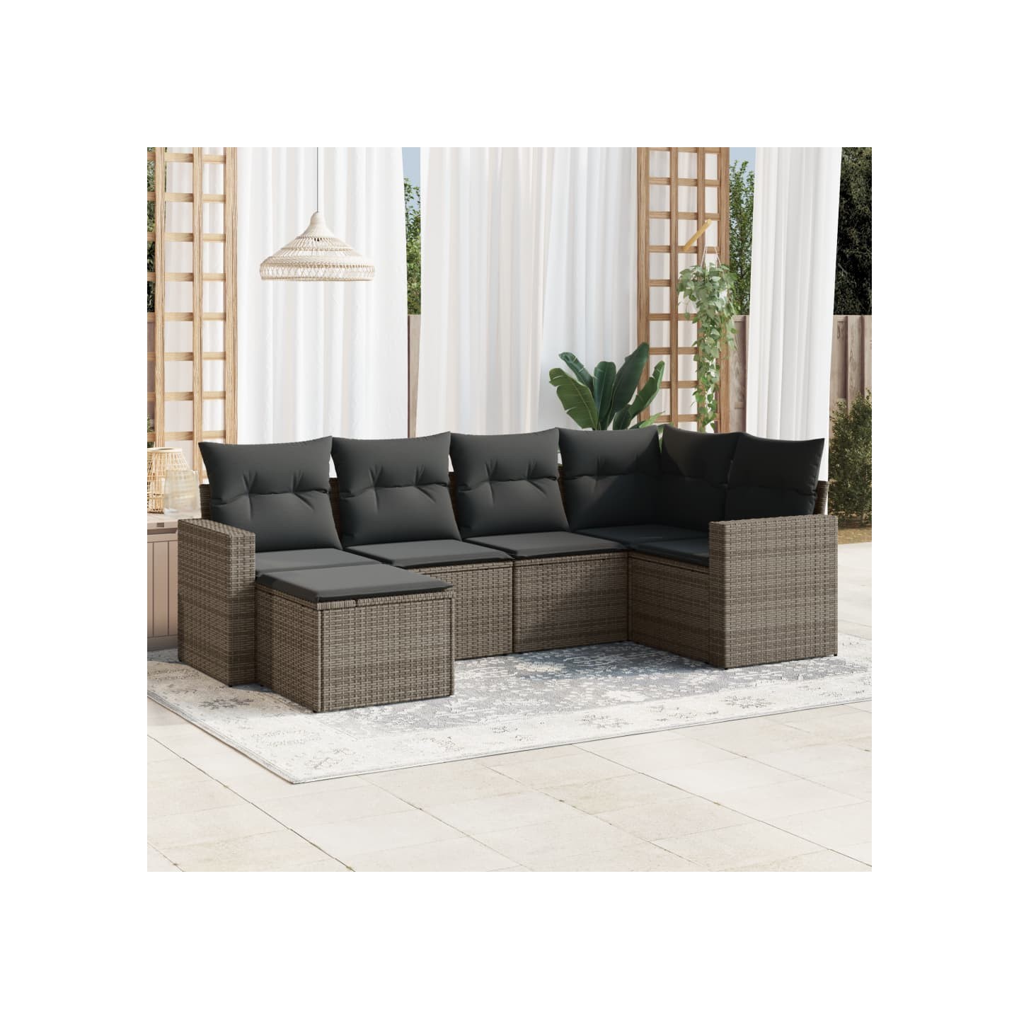 Salon de jardin 6 pcs avec coussins gris résine tressée