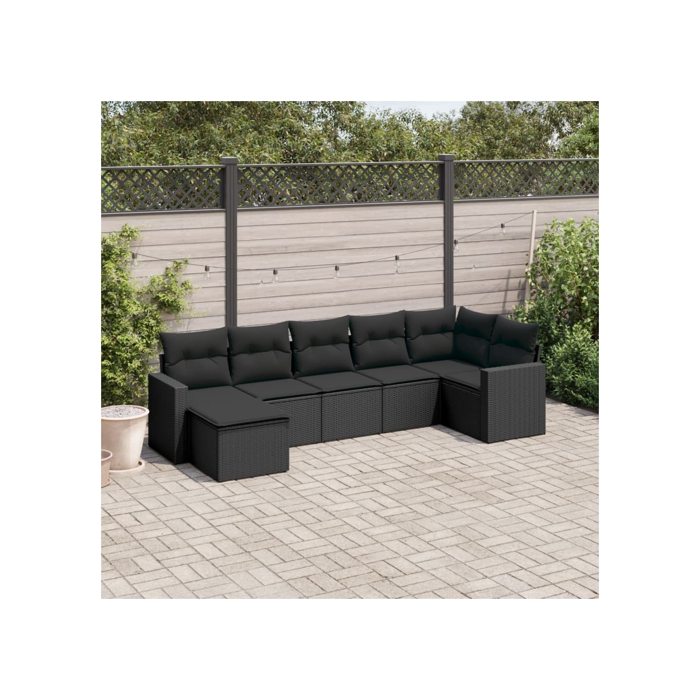 Salon de jardin 7 pcs avec coussins noir résine tressée