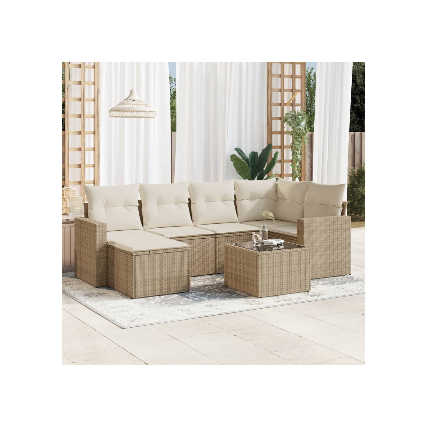 Salon de jardin avec coussins 7 pcs beige résine tressée