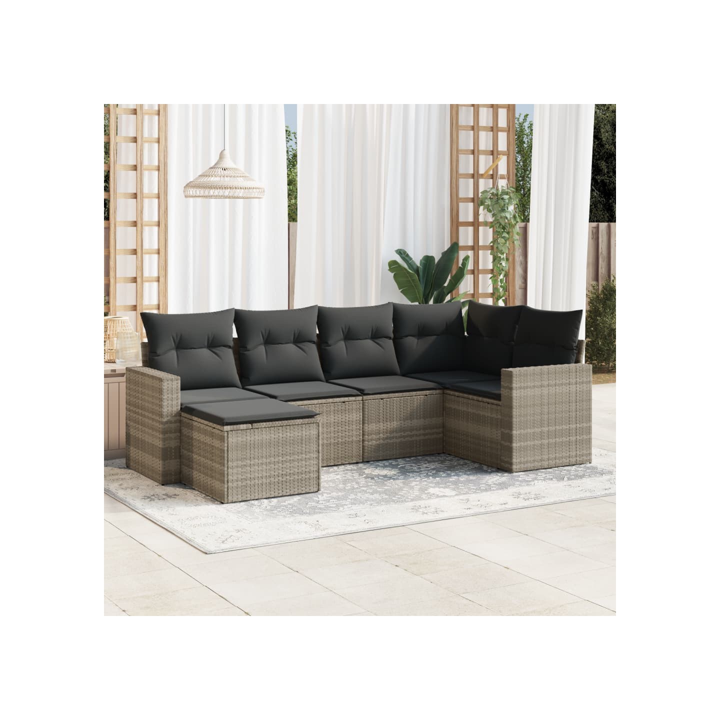 Salon de jardin 6 pcs avec coussins gris clair résine tressée