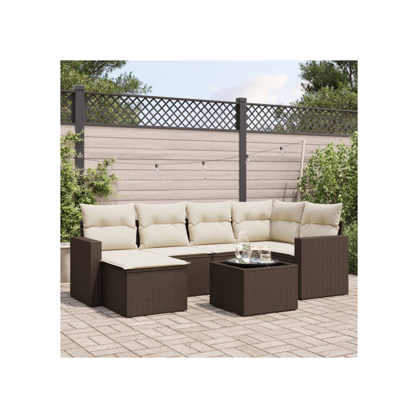 Salon de jardin avec coussins 7 pcs marron résine tressée