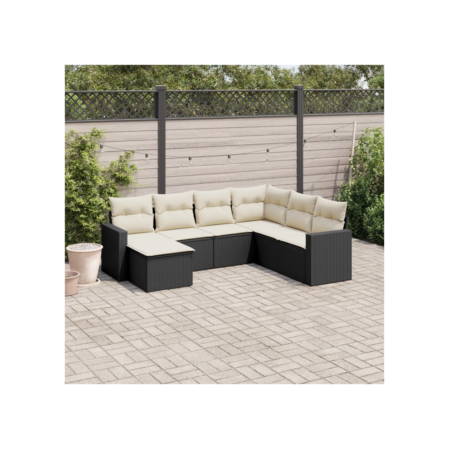 Salon de jardin 7 pcs avec coussins noir résine tressée