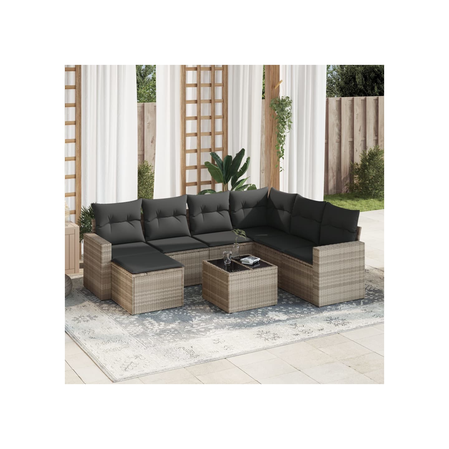Salon de jardin 8 pcs avec coussins gris clair résine tressée